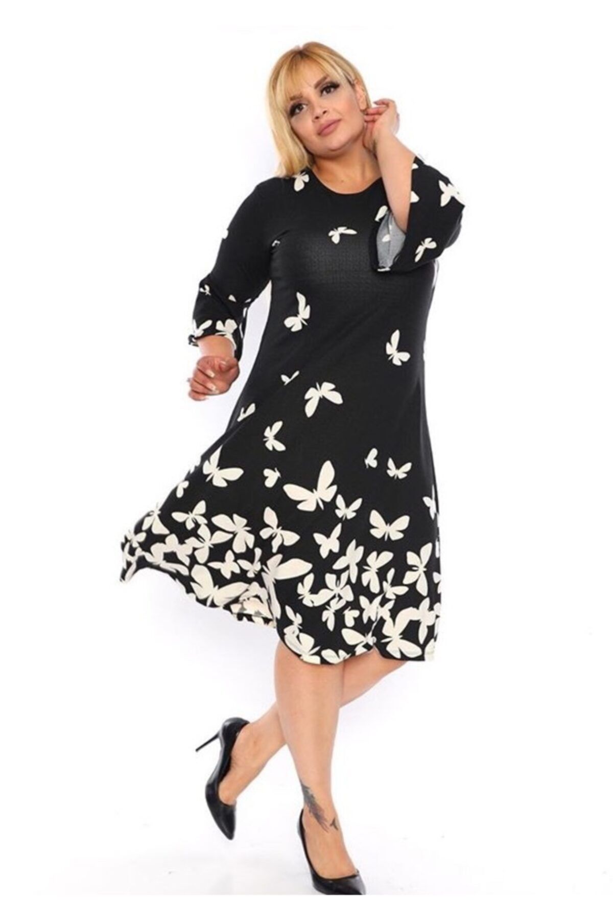 Şirin Butik Kadın Siyah Kelebek Desen Volan Kol Krep Elbise