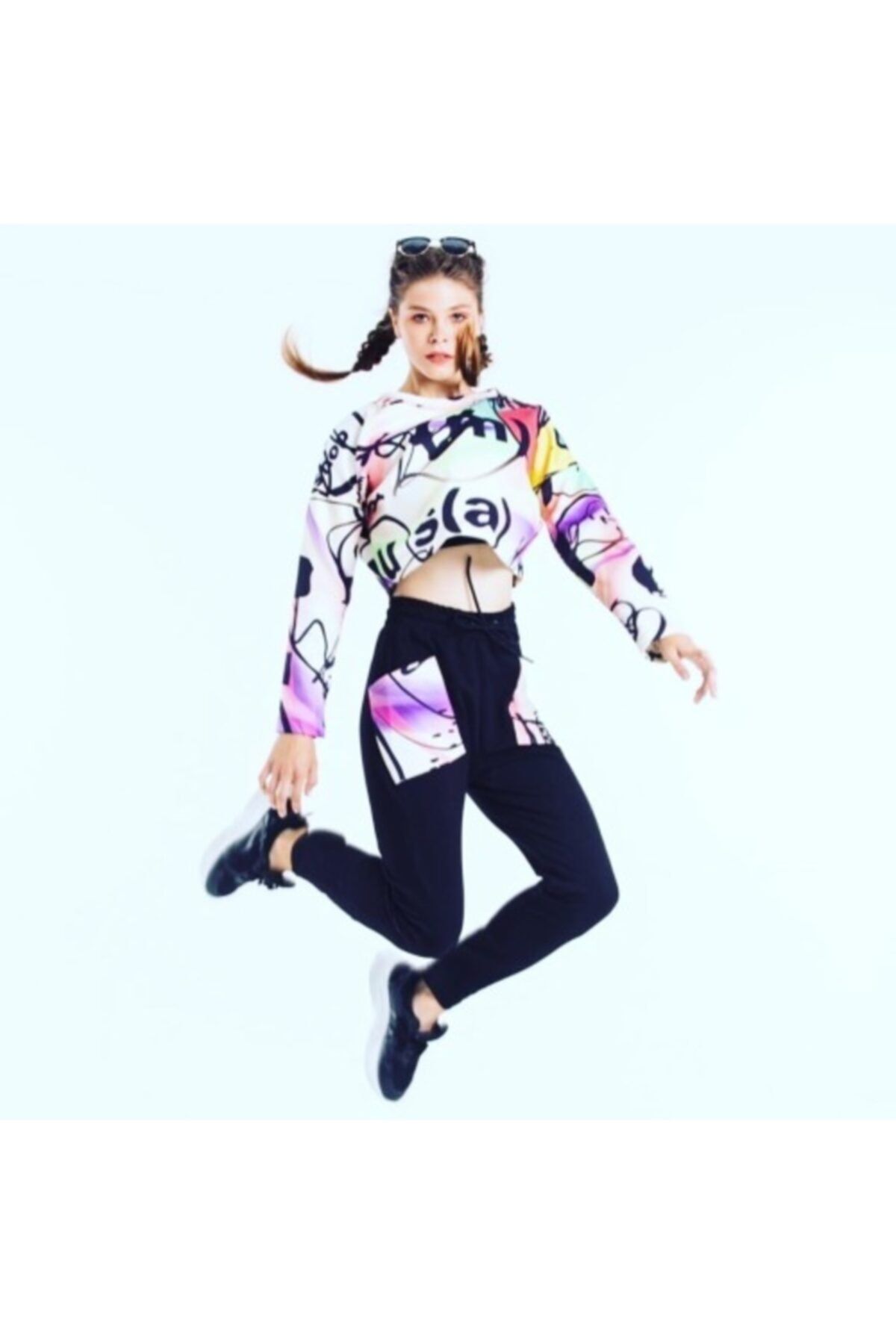 Lolliboomkids 2021 Kadın Moda Çok Renkli Sırt Fermuarlı Baskılı Bluz Ve Eşofman Altı Takım