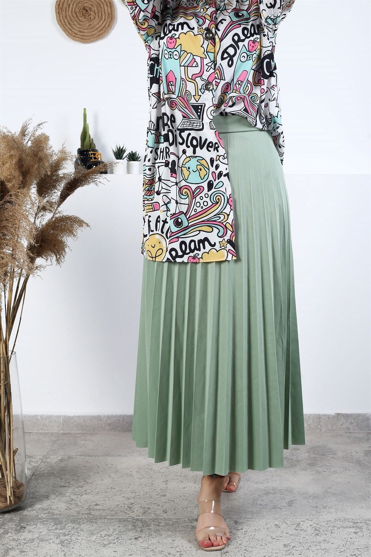 Essah Moda Kadın Mint Yeşili Piliseli Uzun Etek - Me000246