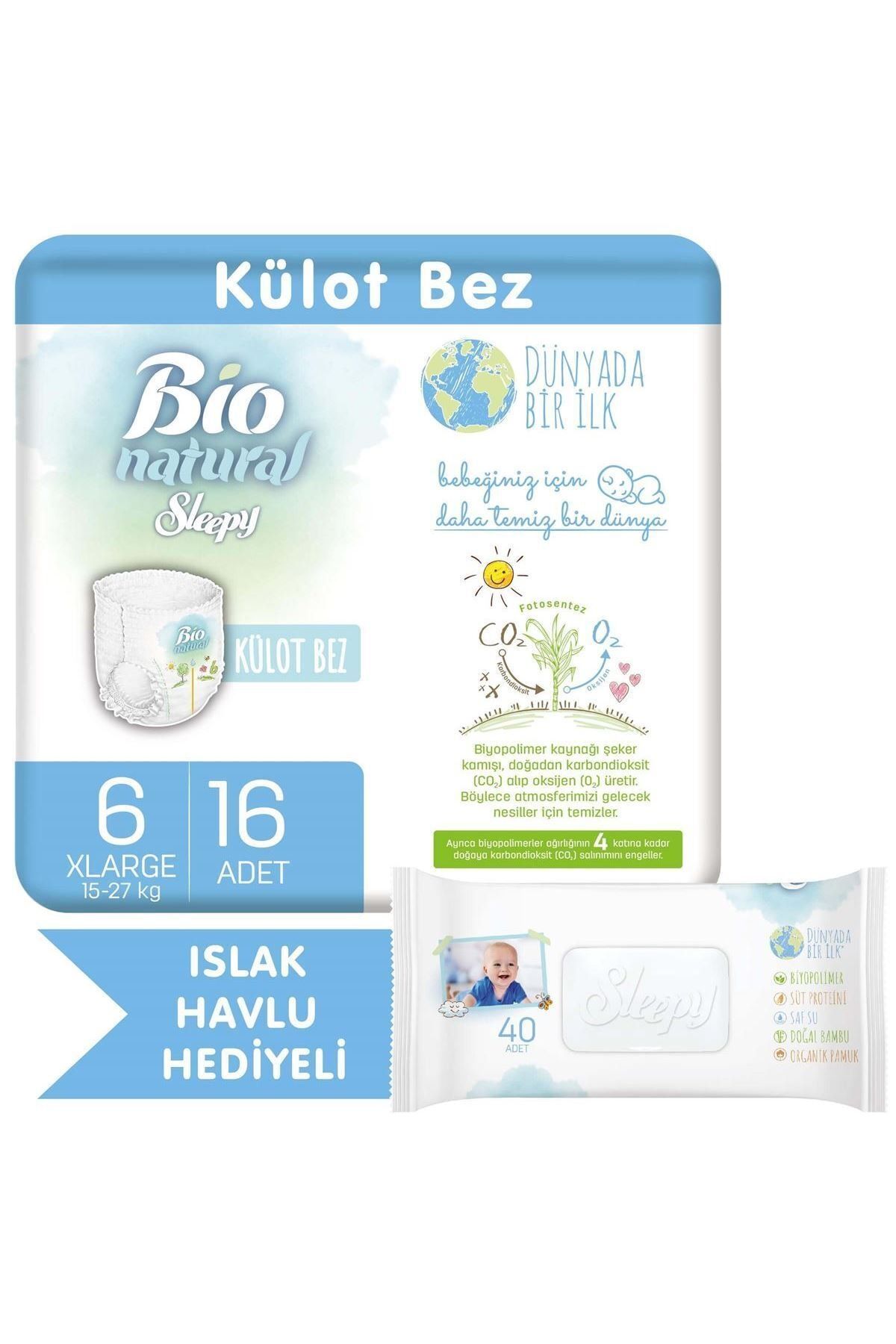 Sleepy Bio Natural Külot Bez 6 Numara Xlarge 16 Adet + Bio Natural Islak Havlu Hediyeli