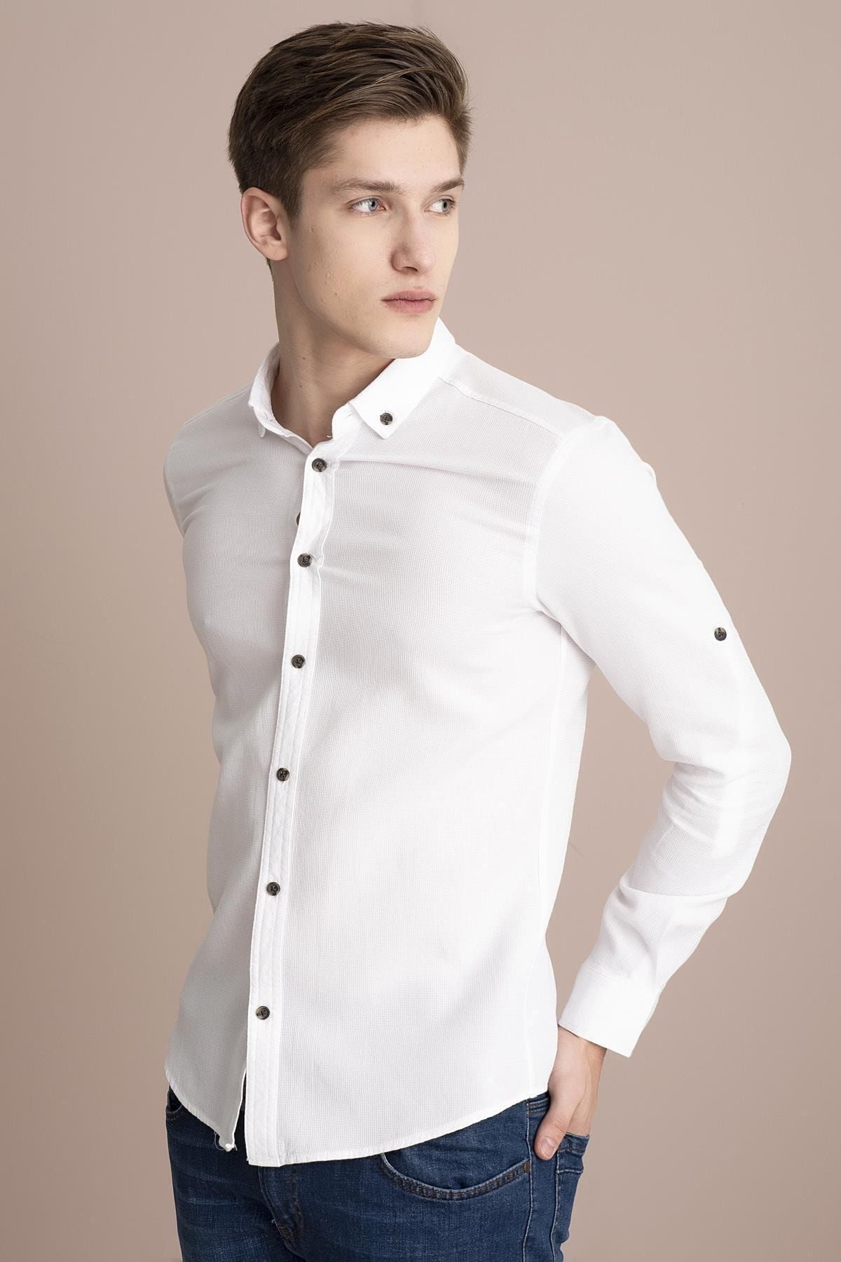 Tena Moda Erkek Beyaz Uzun Kol Slim Fit Düz Hasır Keten Gömlek