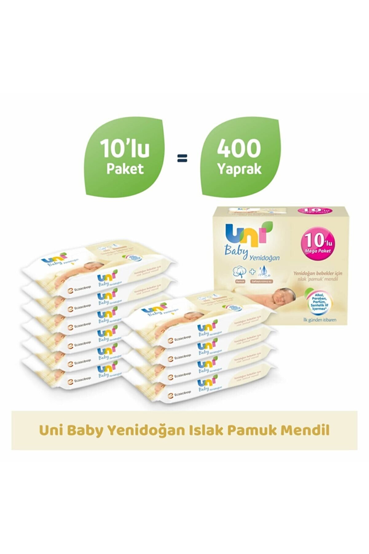 Uni Baby Yenidoğan Islak Pamuk Mendil 10 Lu 400 Yaprak