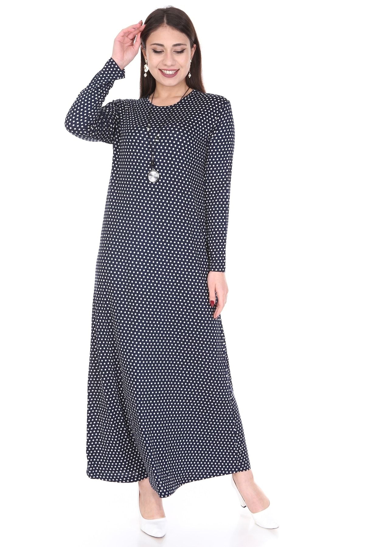 1fazlası Kadın Büyük Beden Lacivert Puantiye Desenli Günlük Elbise
