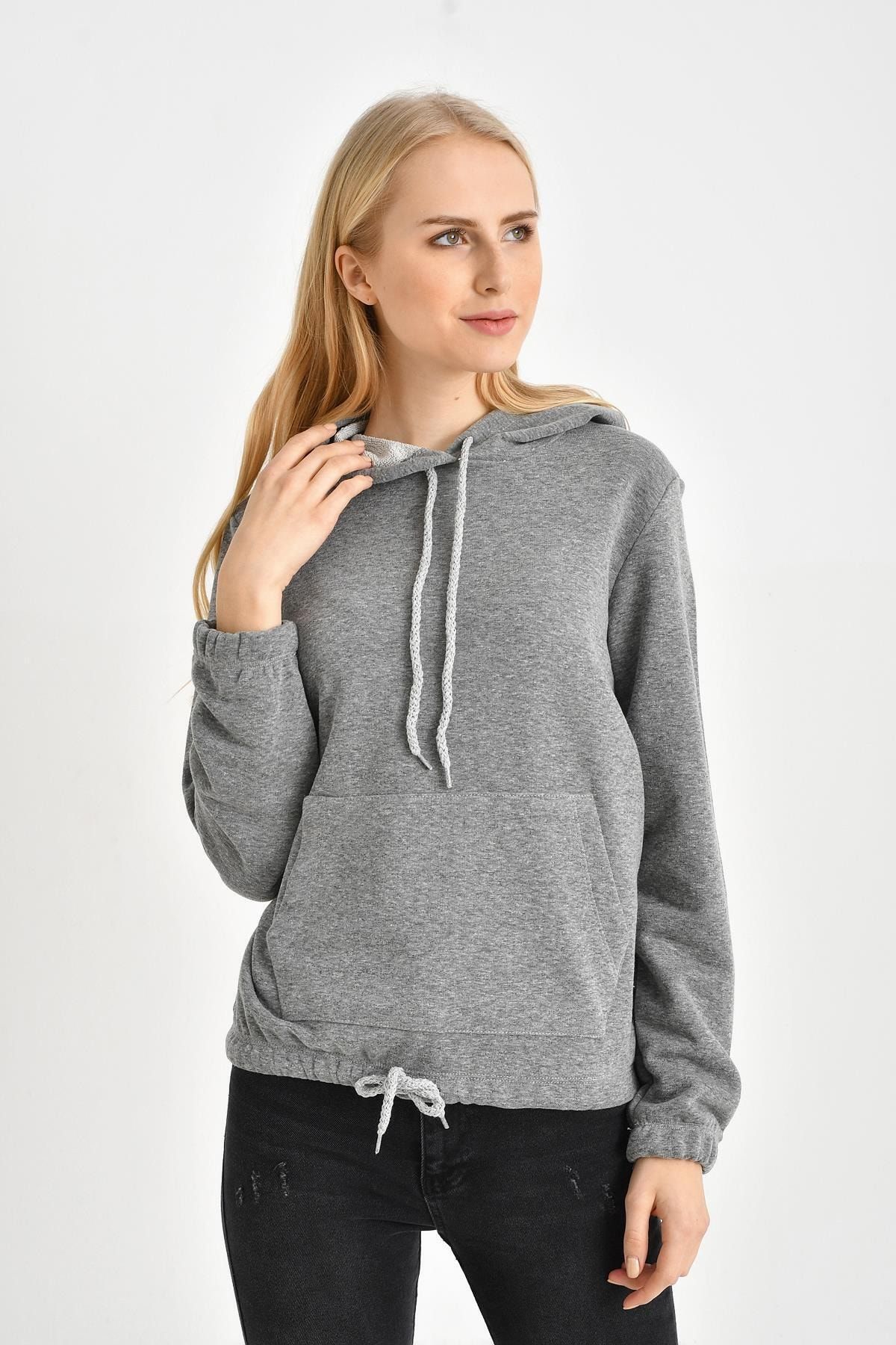 Tena Moda Kadın Antrasit Kapüşonlu Kanguru Cep Bağcıklı Sweatshirt
