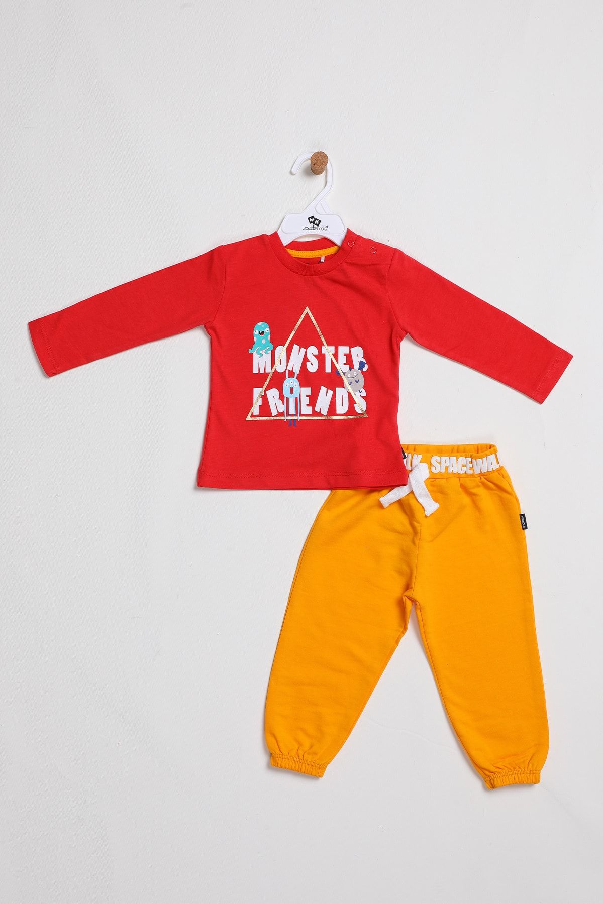 Wonder Kids Erkek Bebek Kırmızı Pamuklu Monster Baskılı Sweatshirt Eşofman Takım