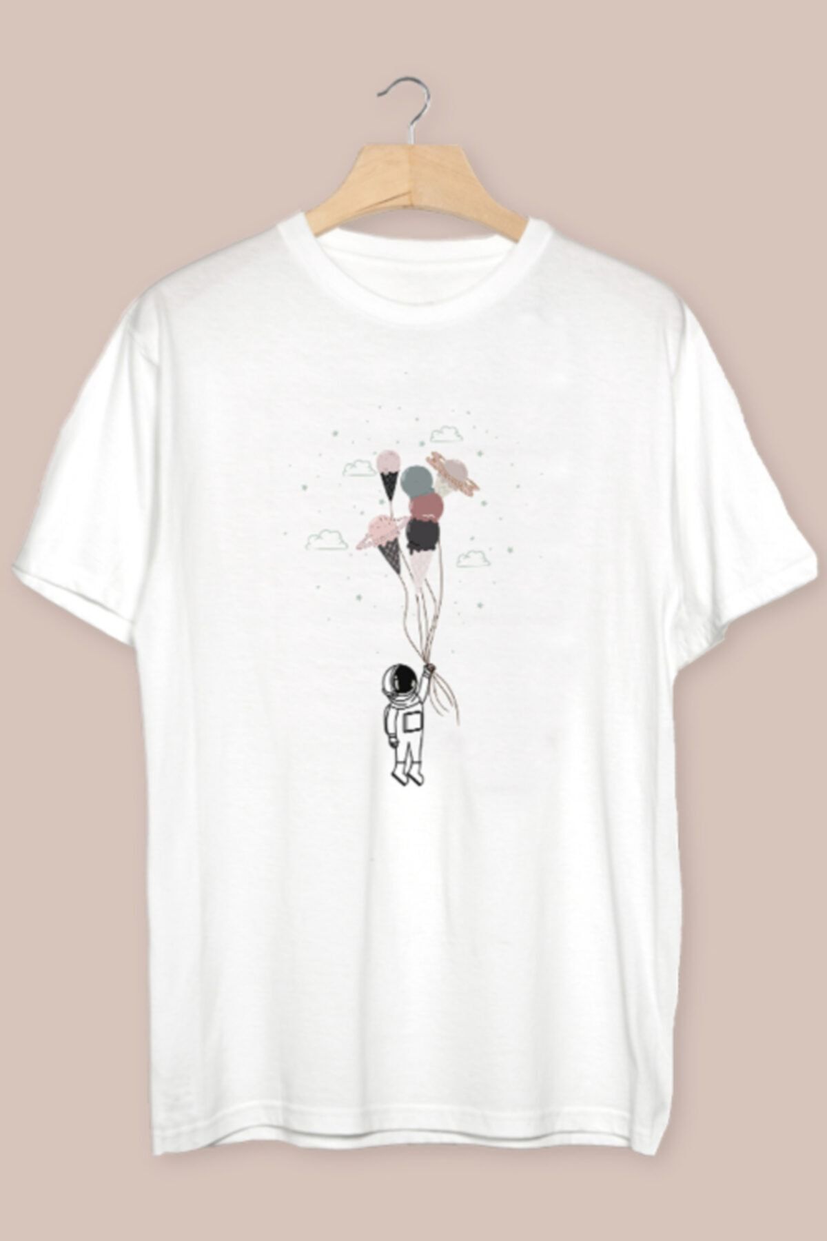 TÜşört Uzay Balonları - Astronot Tasarımlı Pamuklu Tshirt
