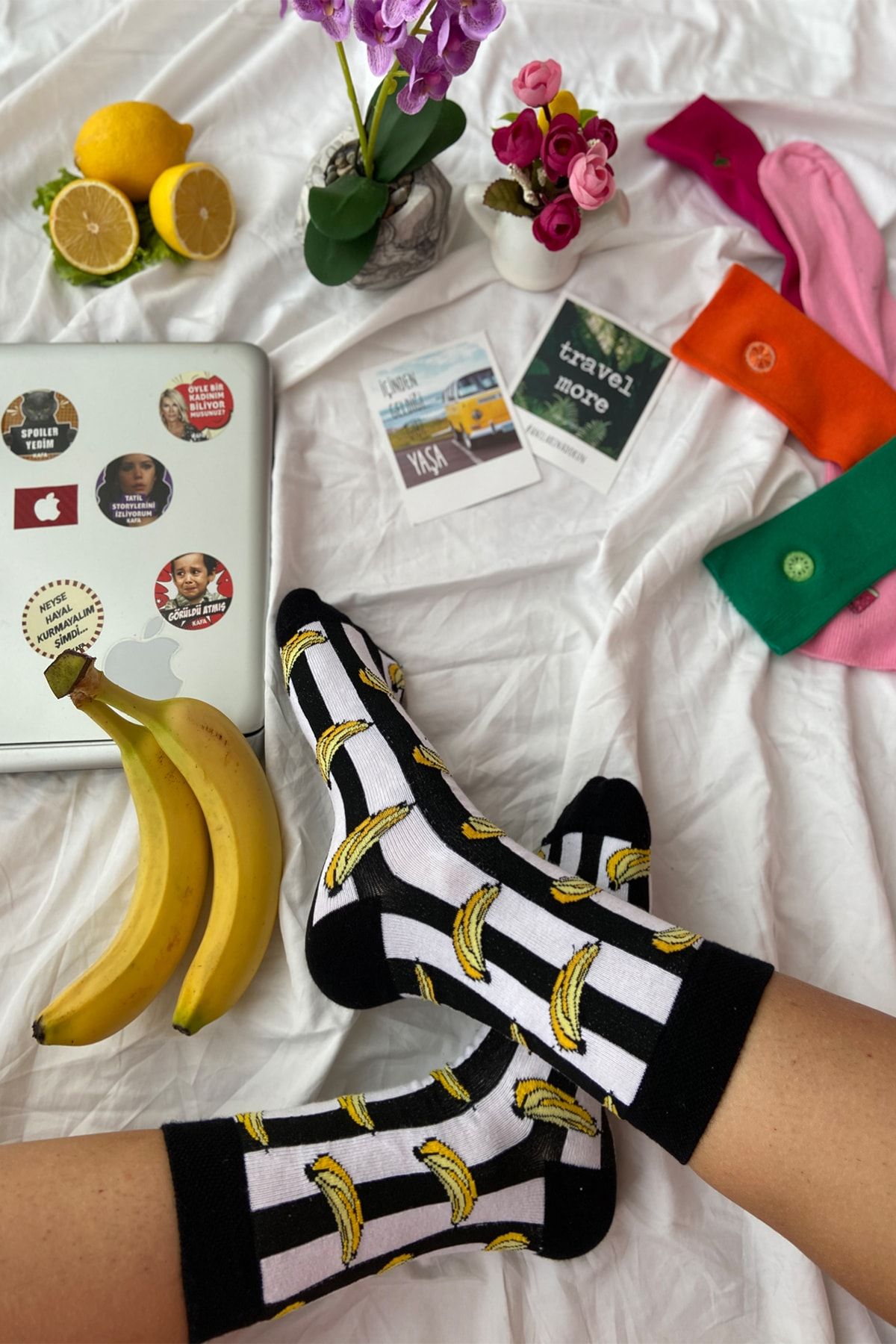 CARNAVAL SOCKS 3'lü Siyah Muz Desenli Renkli Tasarım Çorap