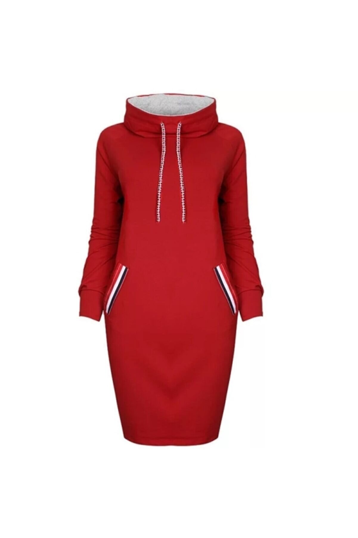 Visqon Yeni Model Kadın Midi Boy Şerit Detay Midi Boy Spor Elbise (Kırmızı)