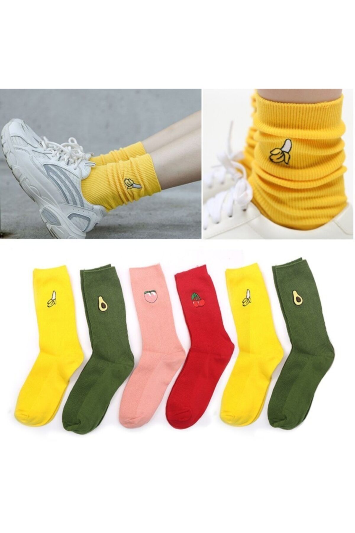 çorapmanya Kadın  Karışık Renkli Meyve Desenli Tenis Çorabı 6' lı
