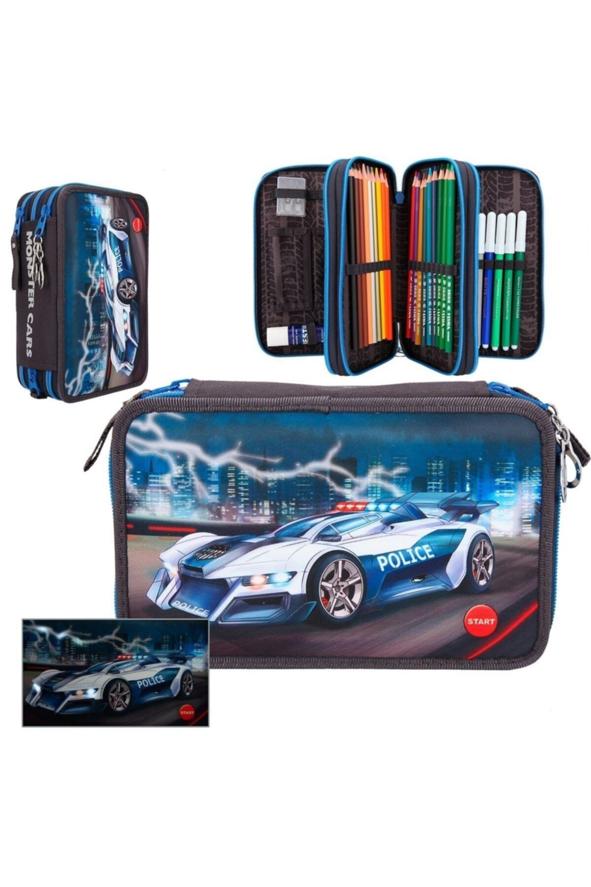 Top Model Monster Cars Filled Triple Pencil Case With Led Police Car