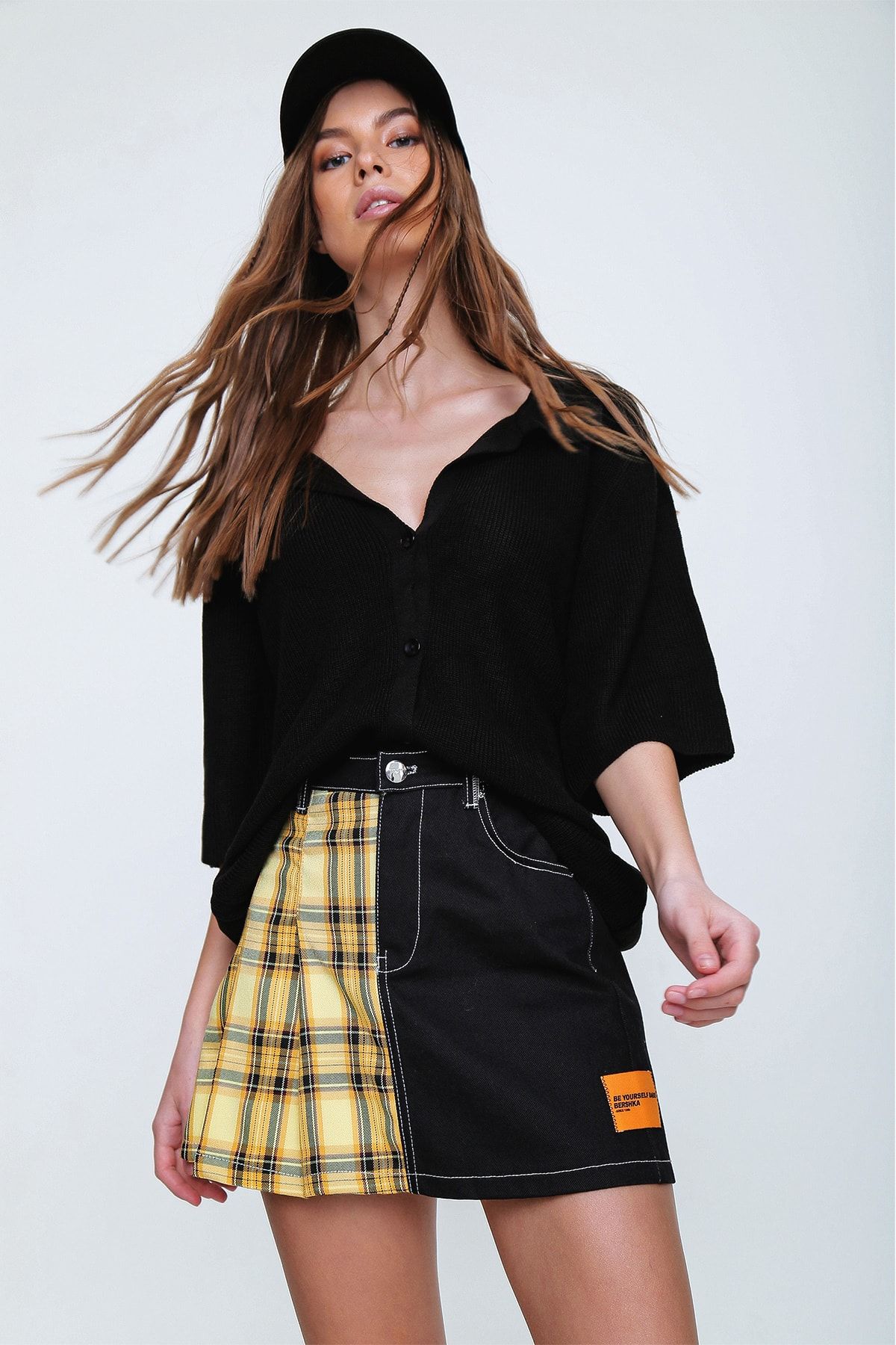 Trend Alaçatı Stili Kadın Siyah Polo Yaka Önü Düğmeli Triko Hırka Bluz ALC-X6082