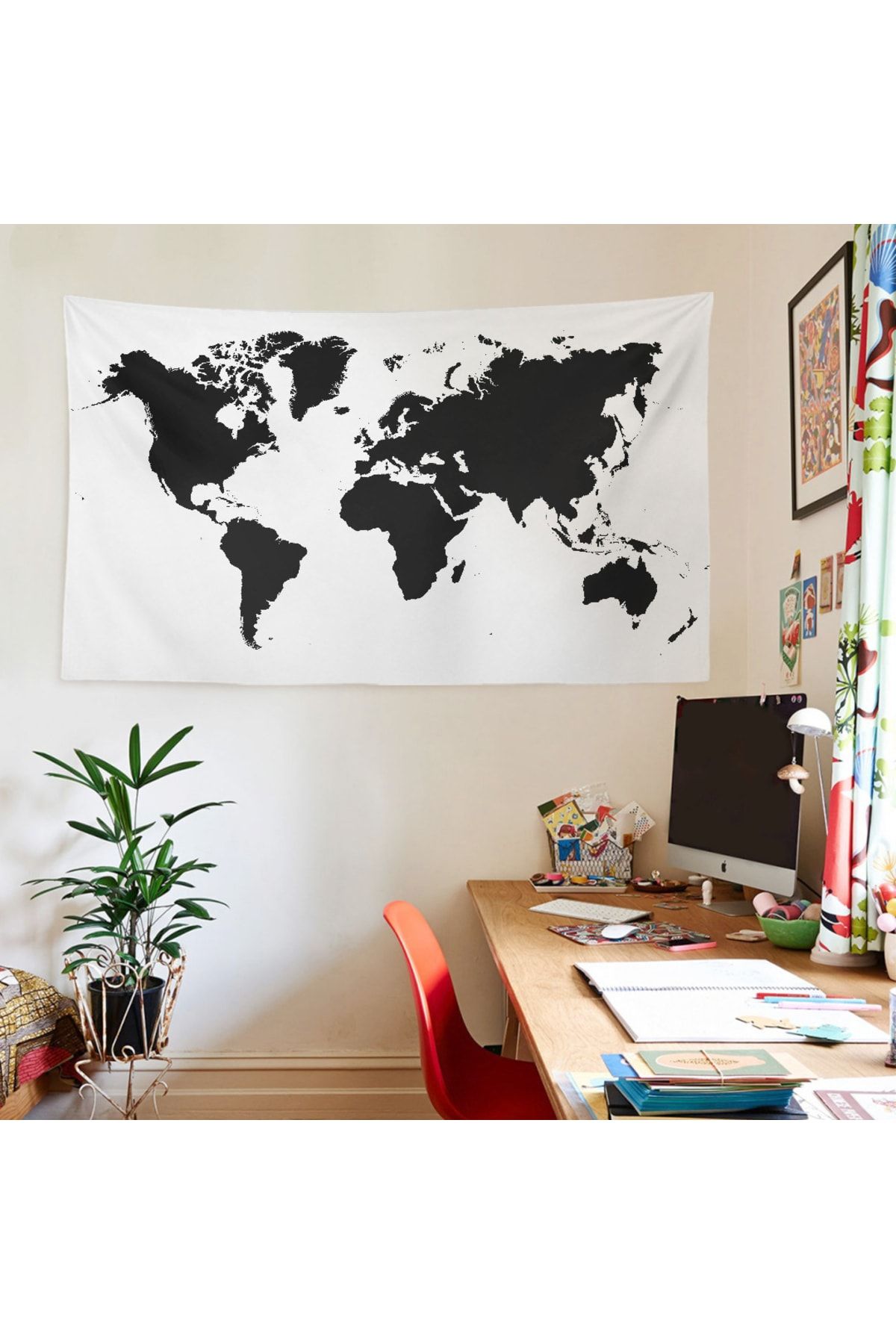 WALLHANG World Map Black Duvar Örtüsü, Duvar Halısı 150x100 Cm