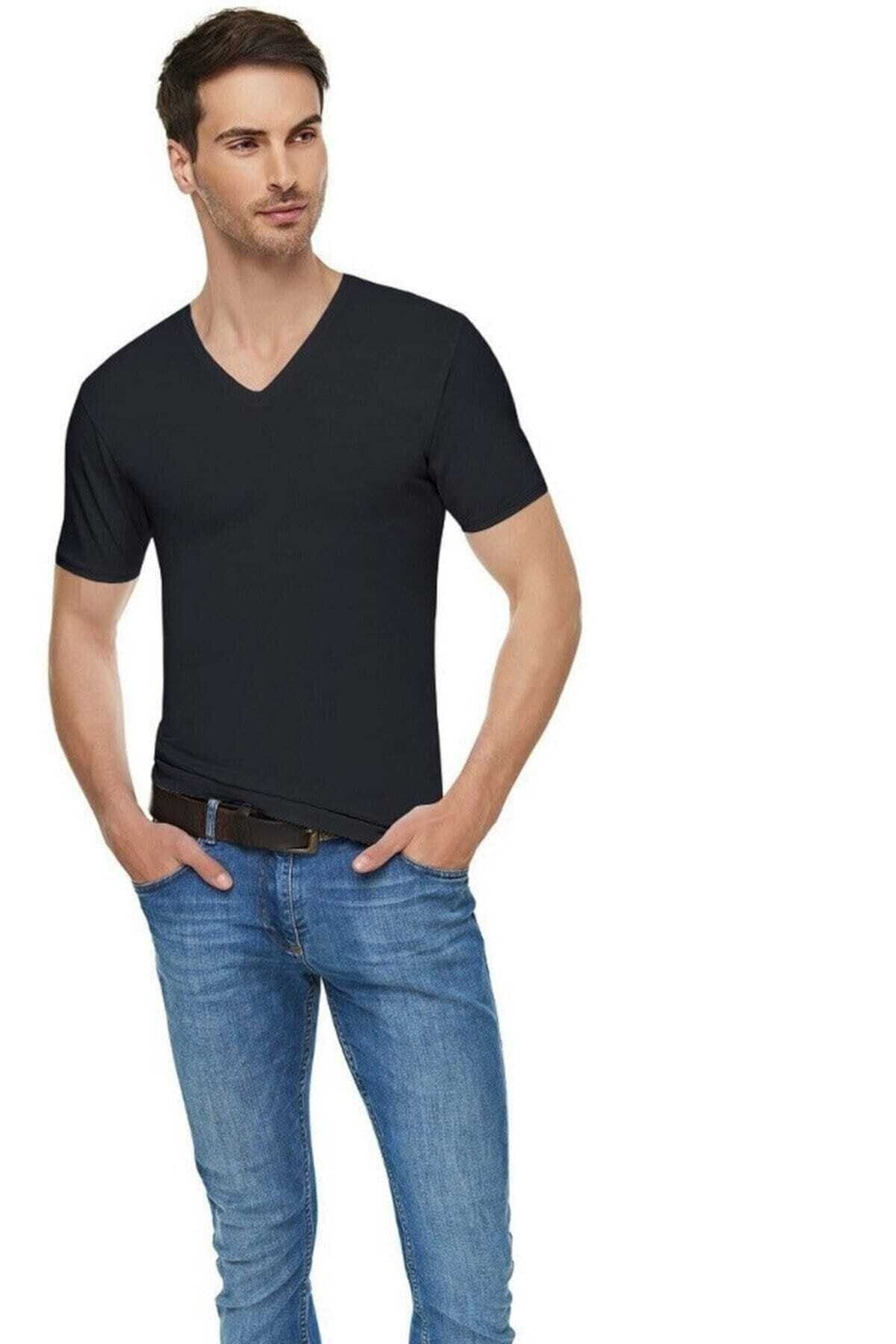 Tutku Elit Erkek Siyah Elastan Likralı V Yaka Kısa Kol Pamuklu T-shirt 6'lı 1303