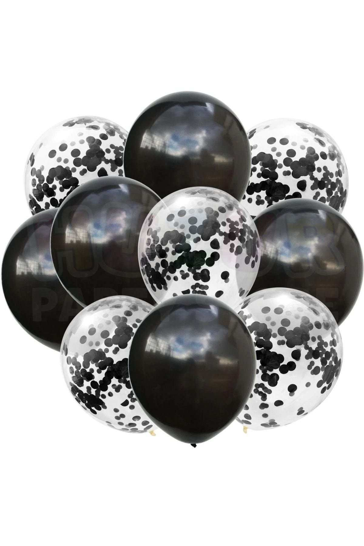 Huzur Party Store Siyah Konfetili Şeffaf Ve Siyah Metalik Balon Seti 20 Adet 30 Cm Içi Gözüken Pullu Balon Pulu Parti