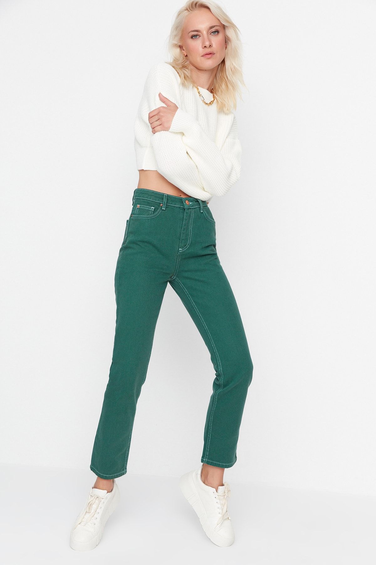 TRENDYOLMİLLA Yeşil Kontrast İplikli Yüksek Bel Bootcut Jeans TWOAW22JE1366