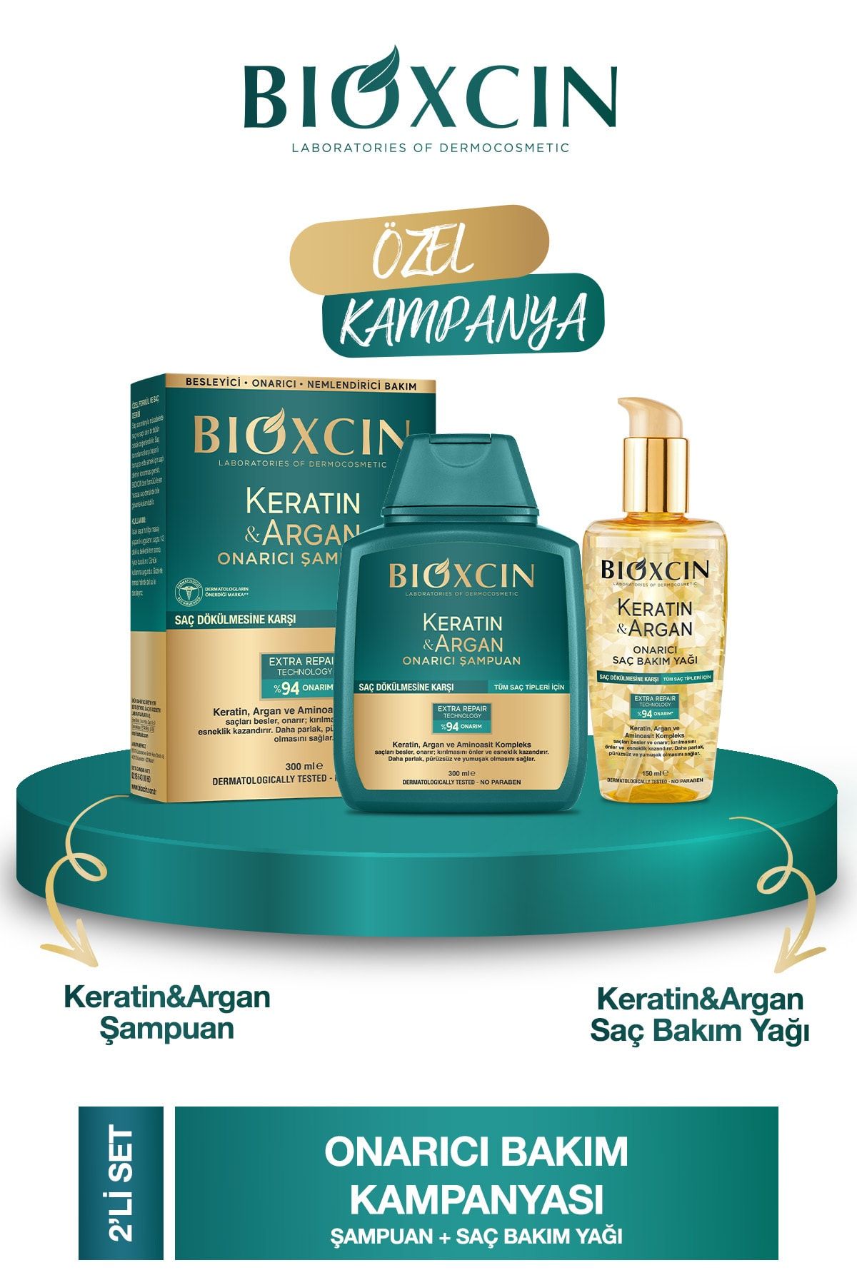 Bioxcin Keratin & Argan Onarıcı Şampuan300 Ml + Kertin Argan Saç Bakım Yağı