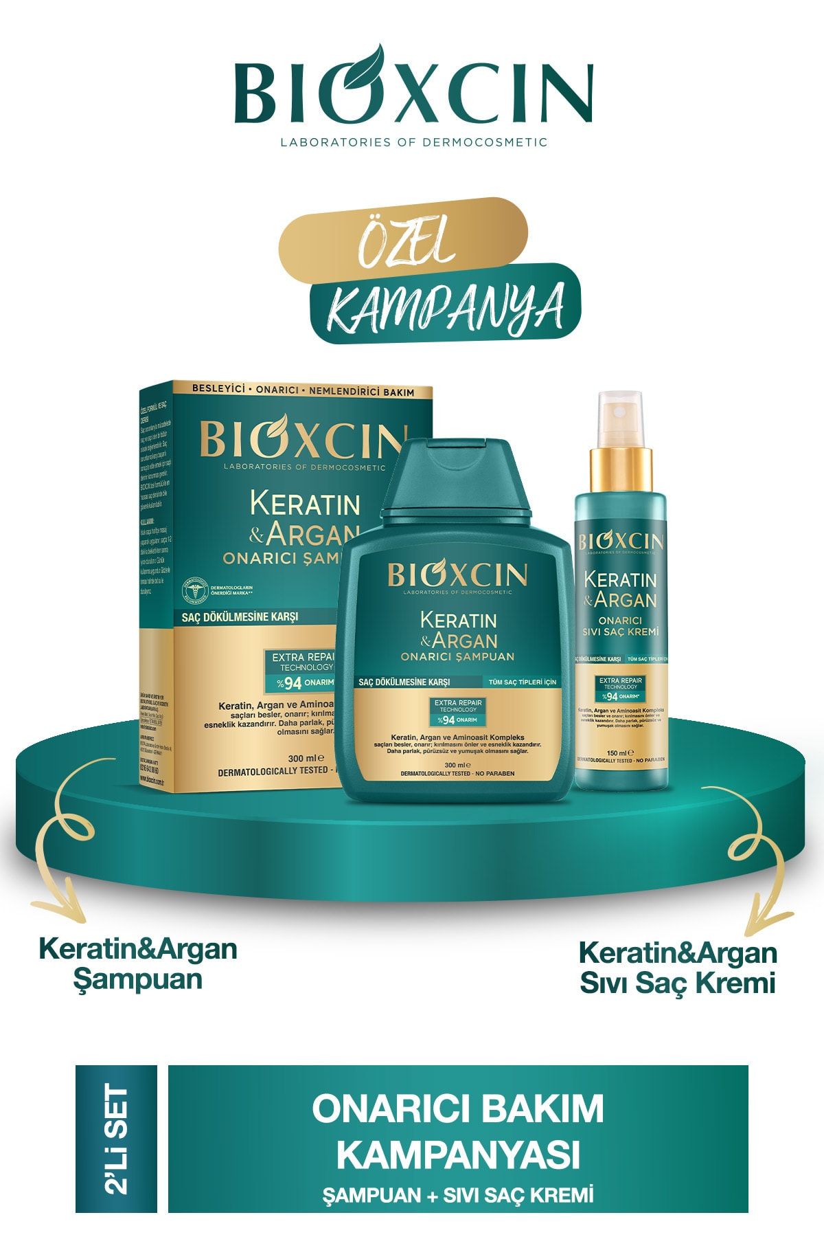 Bioxcin Keratin & Argan Onarıcı Şampuan 300ml + Kertin Argan Sıvı Saç Bakım Kremi