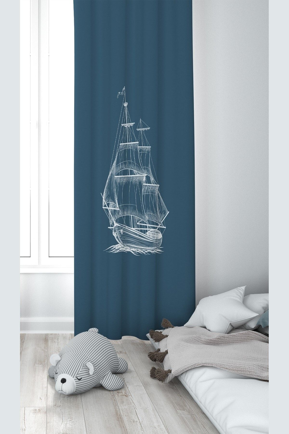 on the clouds Mavi Yelkenli Gemi Desenli Dijital Baskı Yıkanabilir Bebek Çocuk Odası Fon Perdesi
