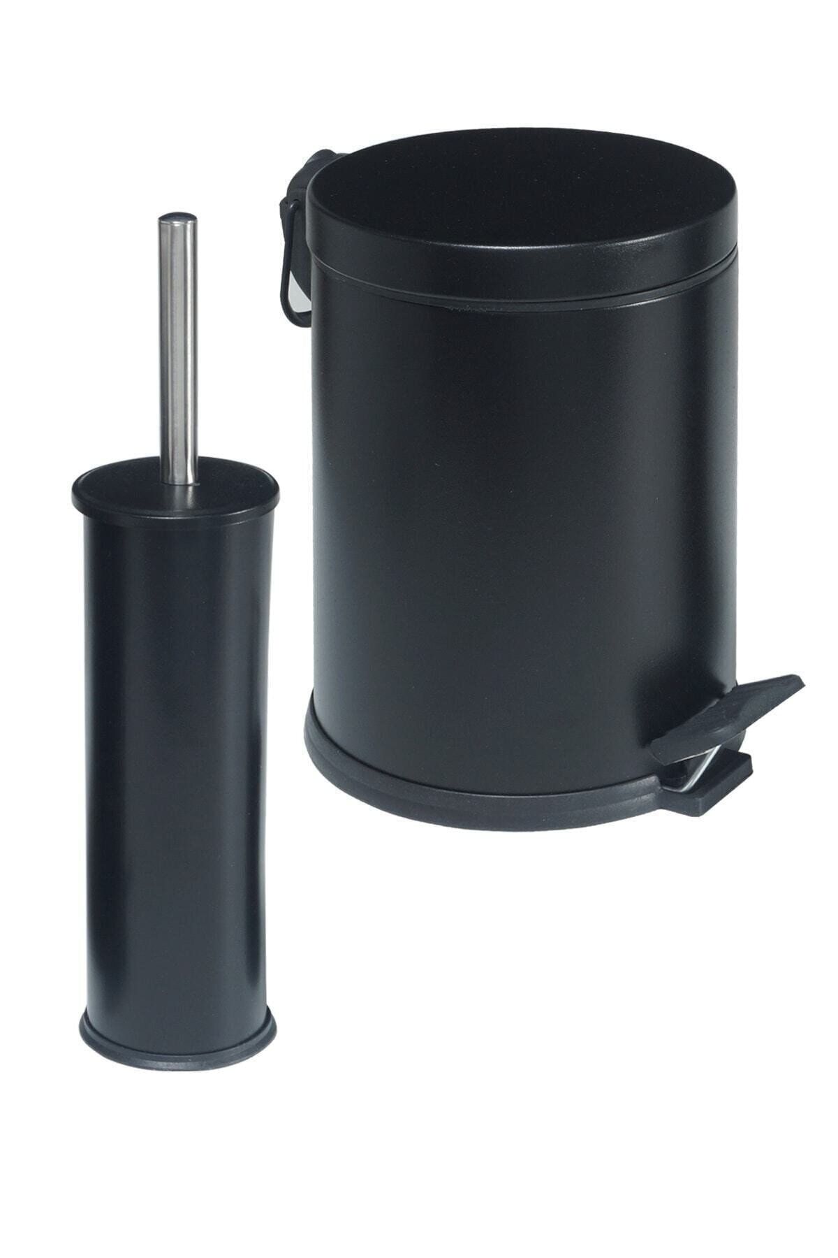 GörSeç 3 Litre Siyah 2'li Banyo Seti Pedallı Çöp Kovası Wc Klozet Tuvalet Fırça Seti Banyo Çöp Kovası