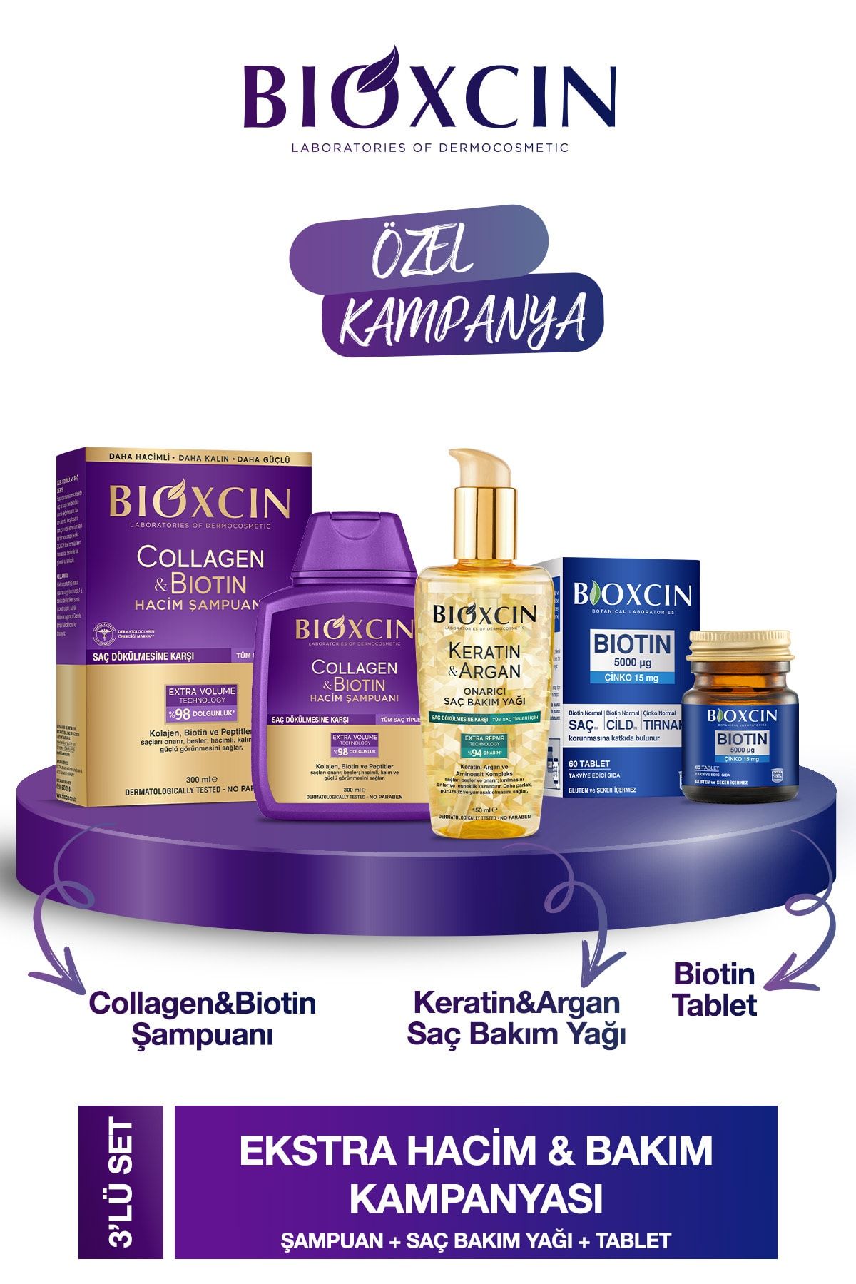 Bioxcin Collagen & Biotin Hacim Şampuanı 300ml + Biotin 5000mcg 60tab + Keratin Argan Saç Bakım Yağı