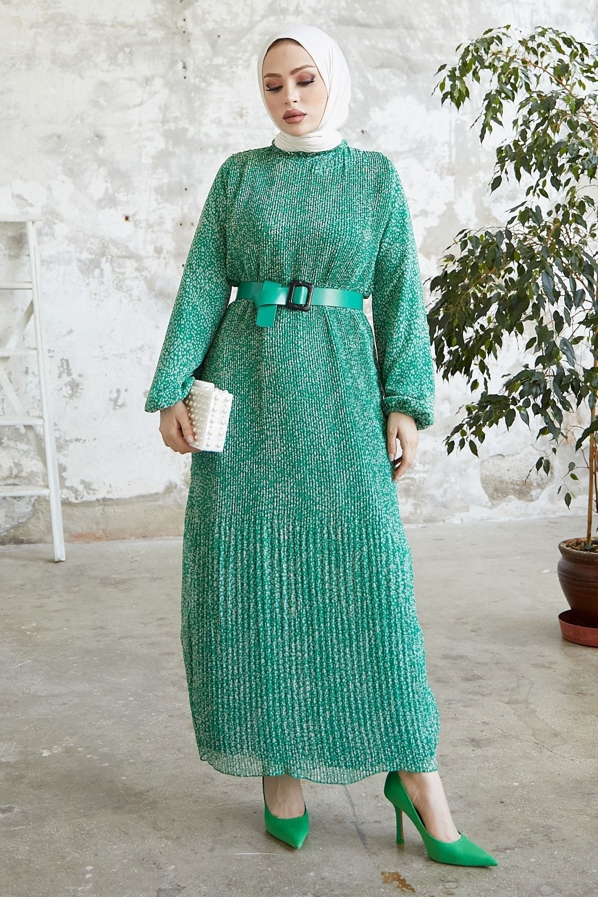 InStyle Melya Çıtır Desen Şifon Elbise - Yeşil