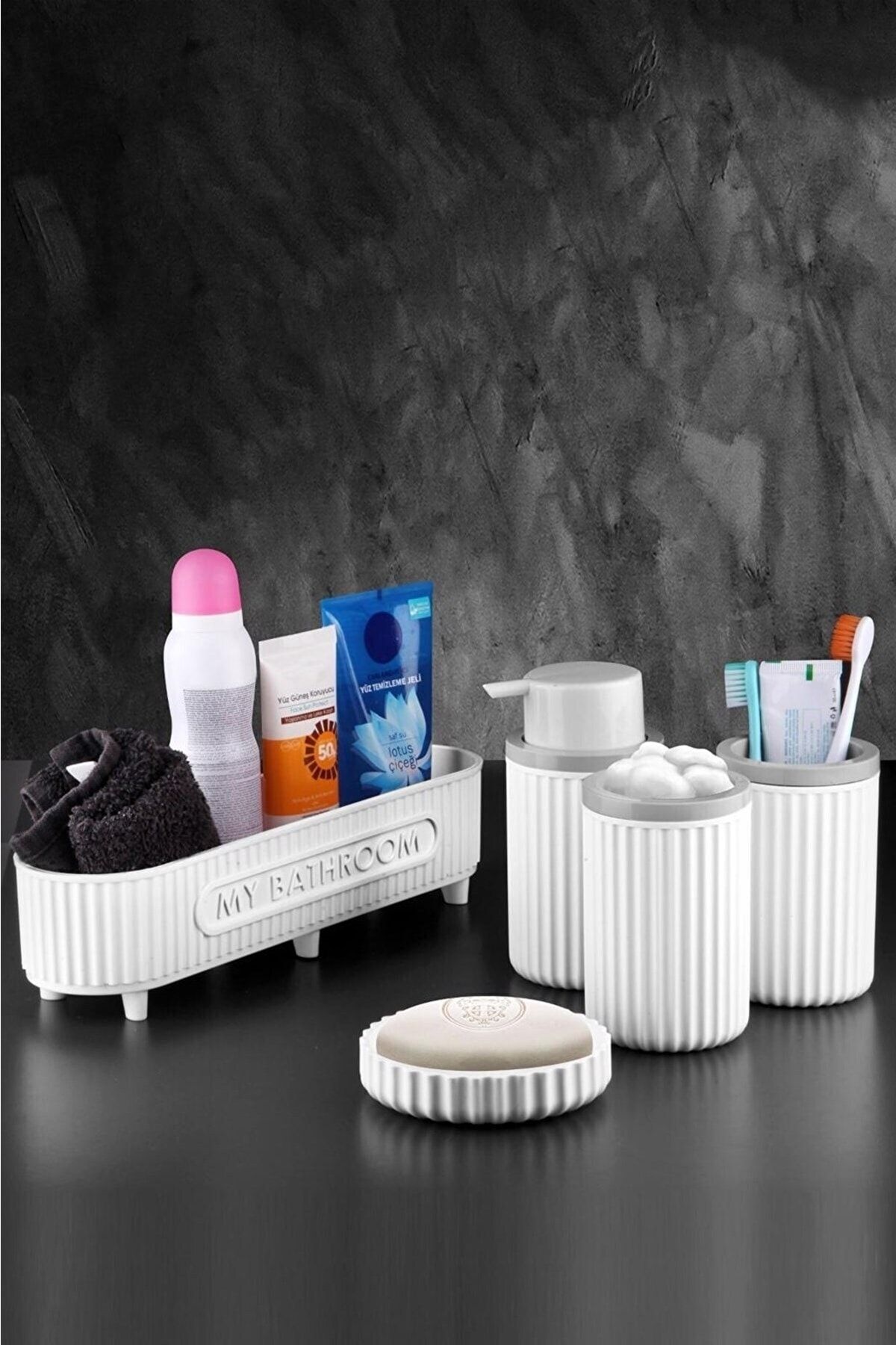 Sas Haus Banyo Takımı Diş Fırçalık Sıvı Sabunluk Katı Sabunluk Pamukluk 5 Li Set Beyaz 3386