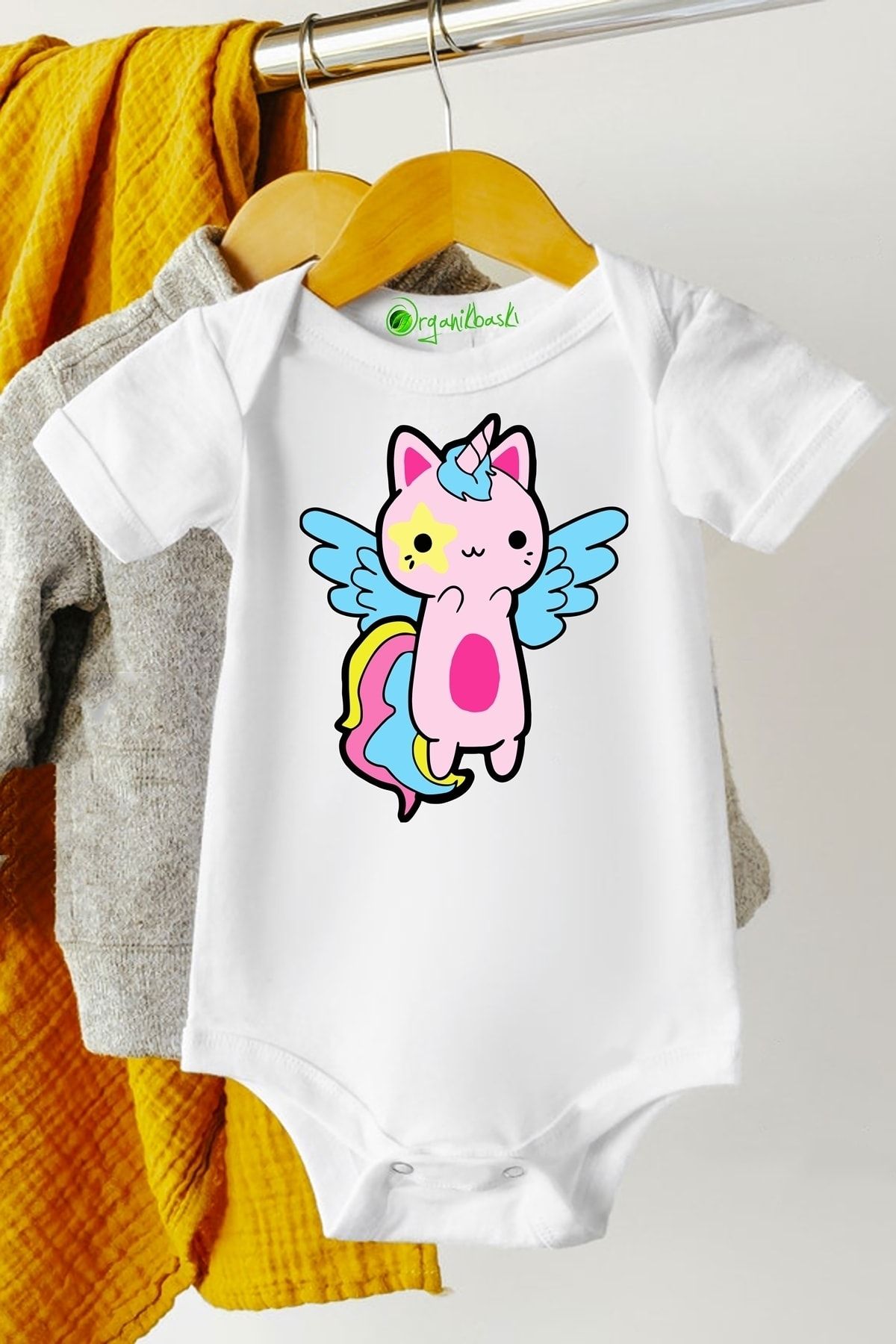 Baby&Baby Unicorn Angel Cat %100 Pamuklu Organik Baskılı Unisex Bebek Body Zıbın