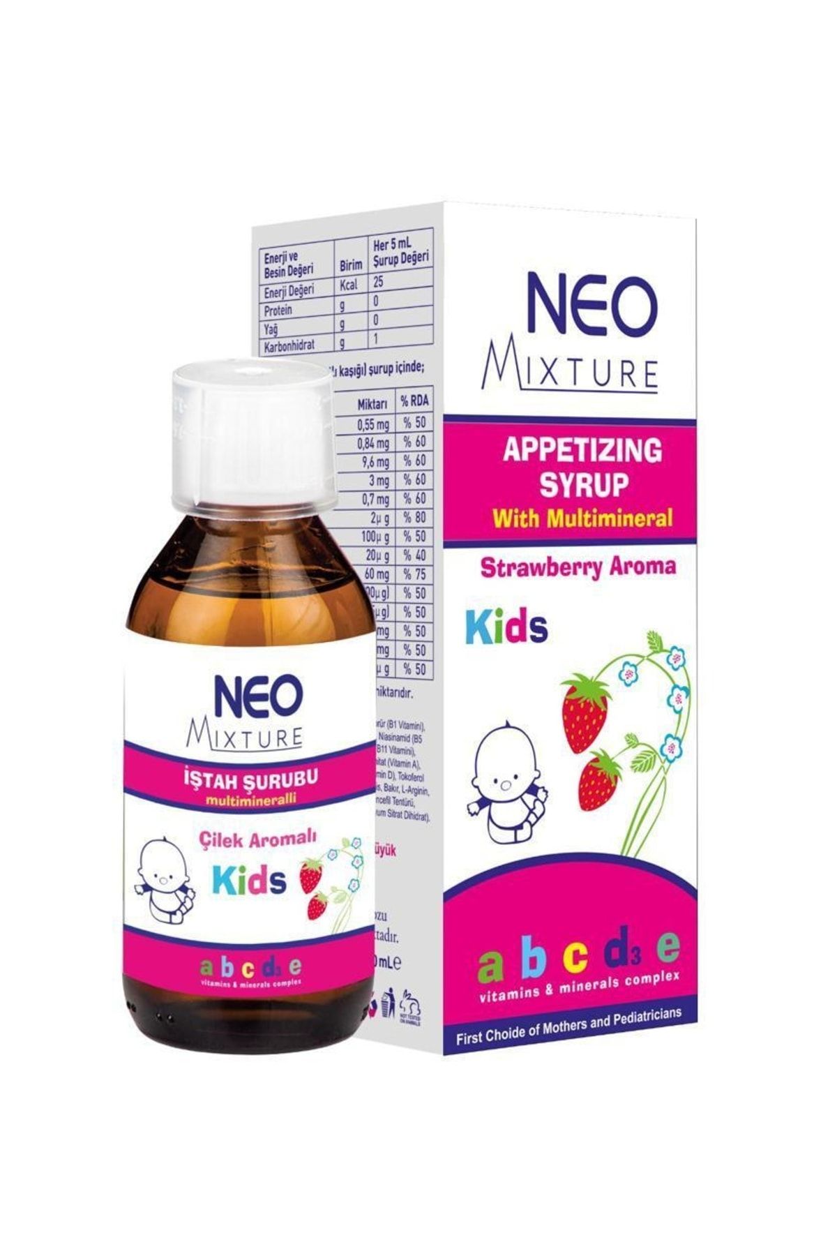 Neo Mixture Bebekler Çoçuklar İçin Multivitamin Ve Mineralli İştah Şurubu Çilek Aromalı 200 ml