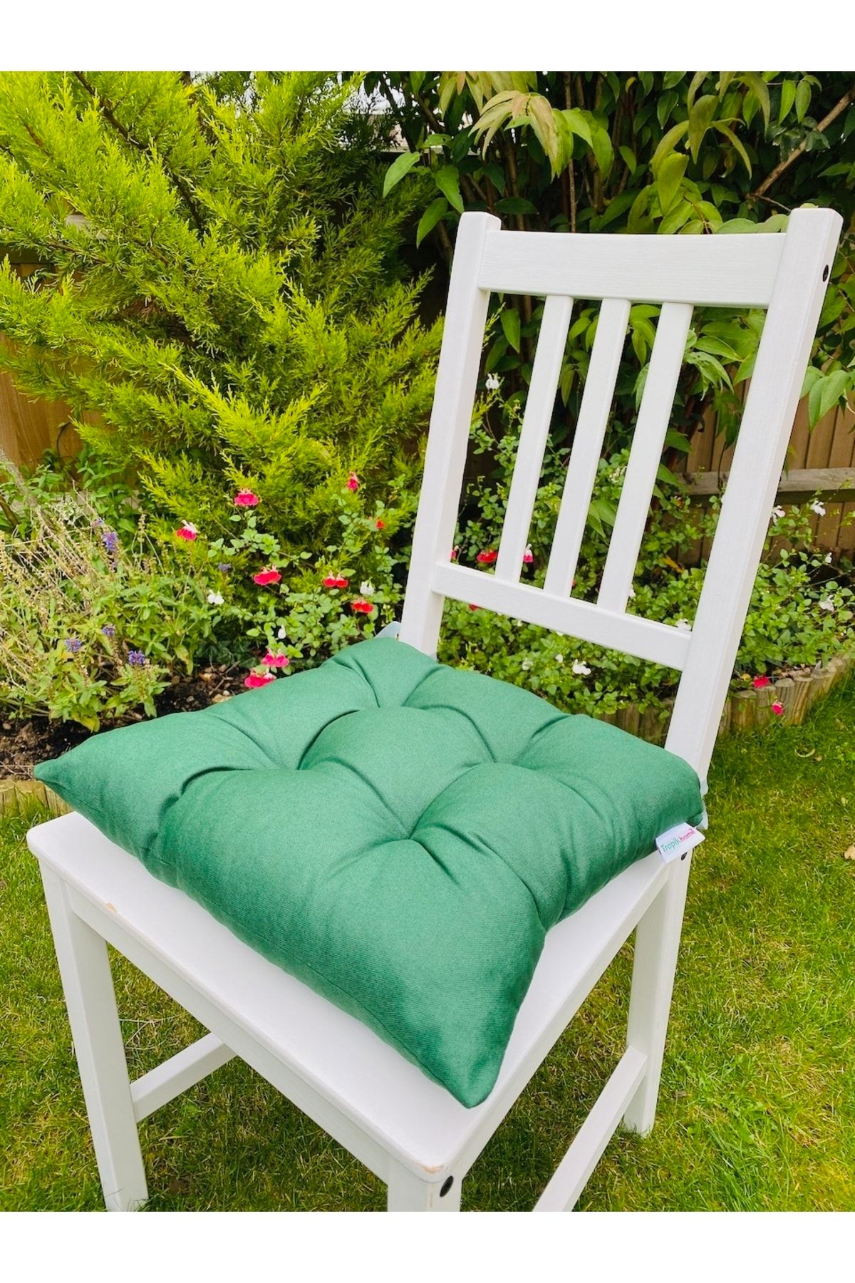Tropikhome Bahçe Sandalye Minderi Yeşil Renk Pamuklu Kumaş Pofidik Kare Dekoratif Sandalye Minderi 35x35 Cm