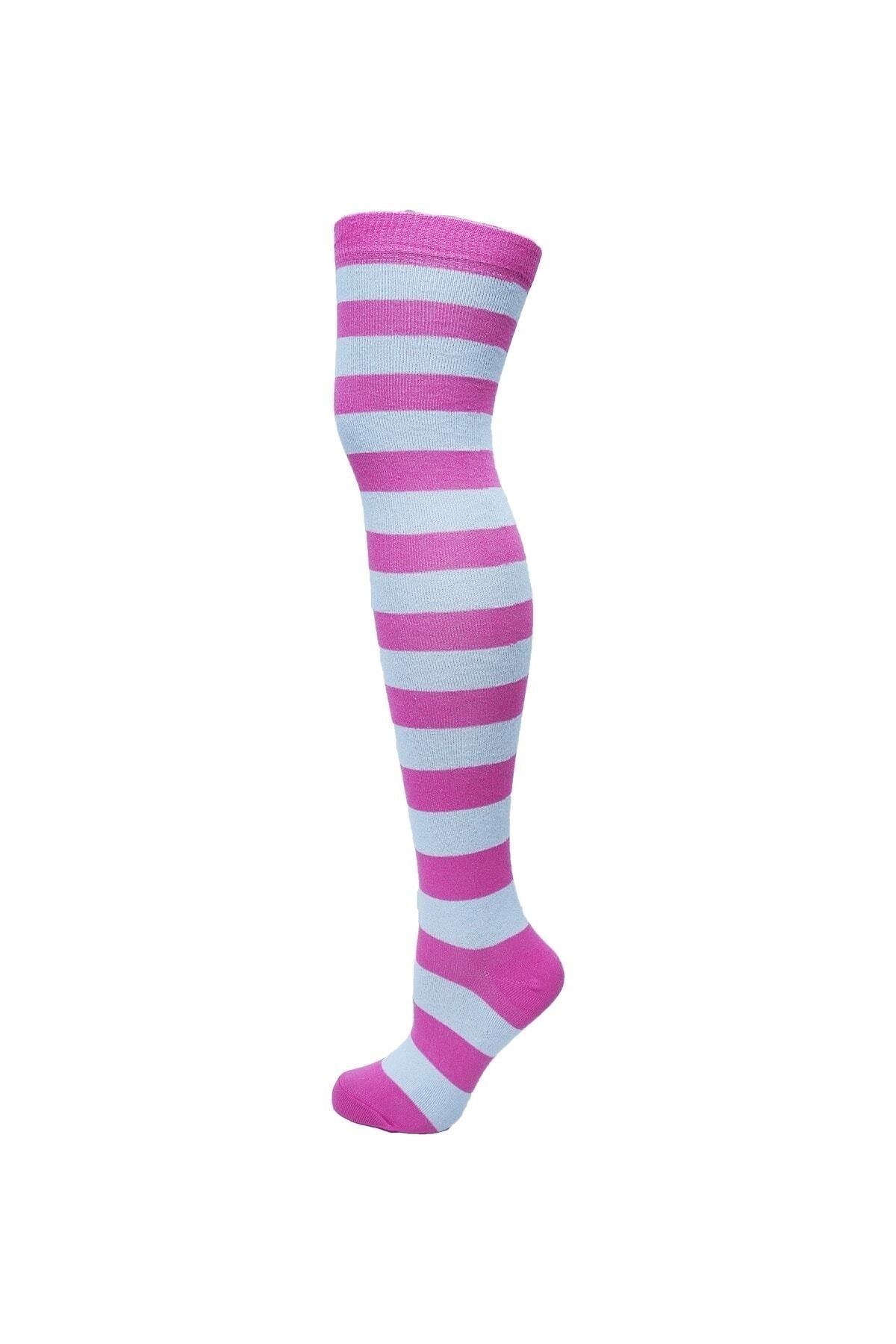 TİSTA Kadın Pembe Beyaz Renkli Çizgili Diz Üstü Çorap