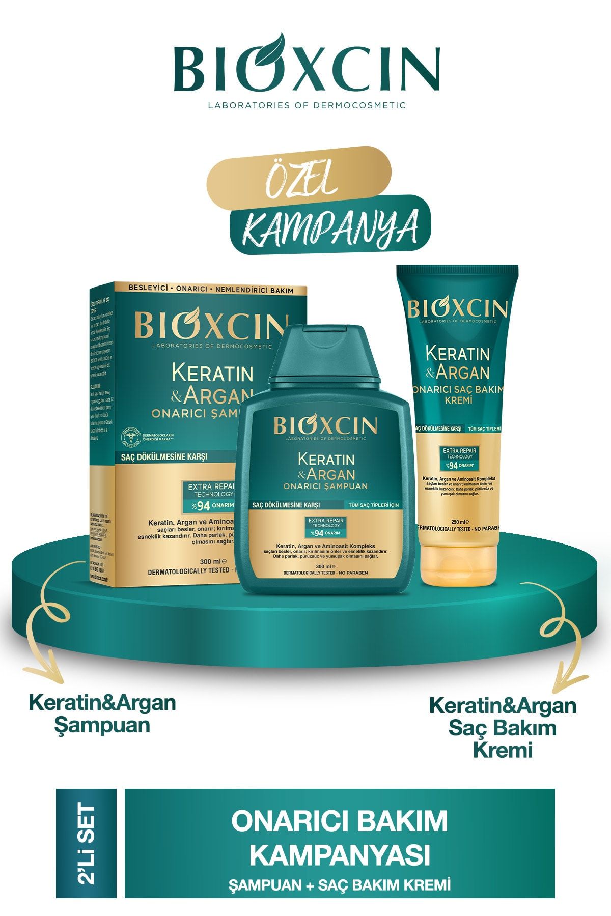 Bioxcin Keratin & Argan Onarıcı Şampuan 300ml + Kertin Argan Saç Bakım Kremi
