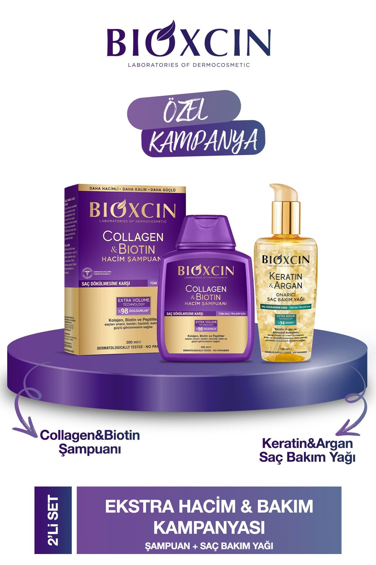 Bioxcin Collagen & Biotin Hacim Şampuanı 300ml + Kertin Argan Saç Bakım Yağı