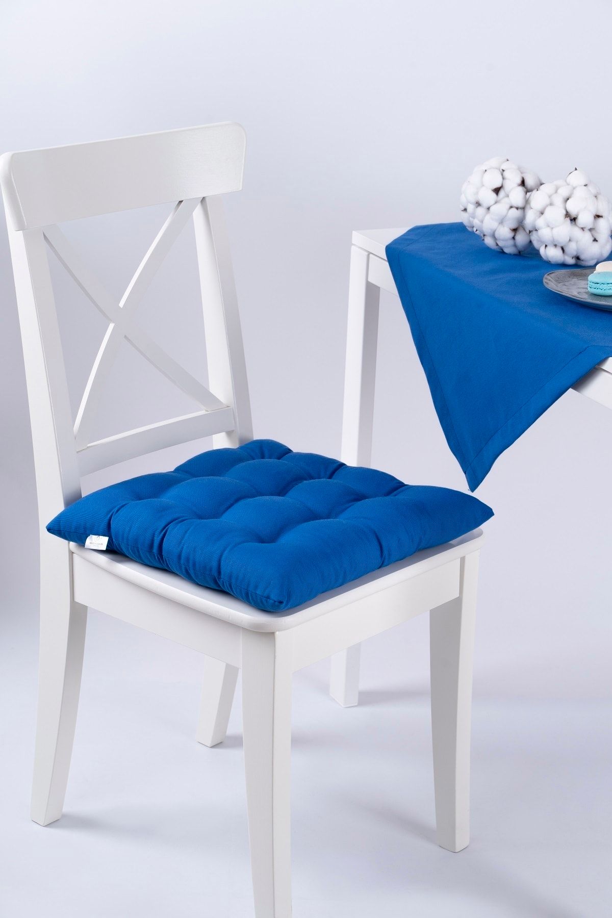 ALTINPAMUK Lüx Pofidik Mavi Sandalye Minderi Özel 9 Dikişli Bağcıklı