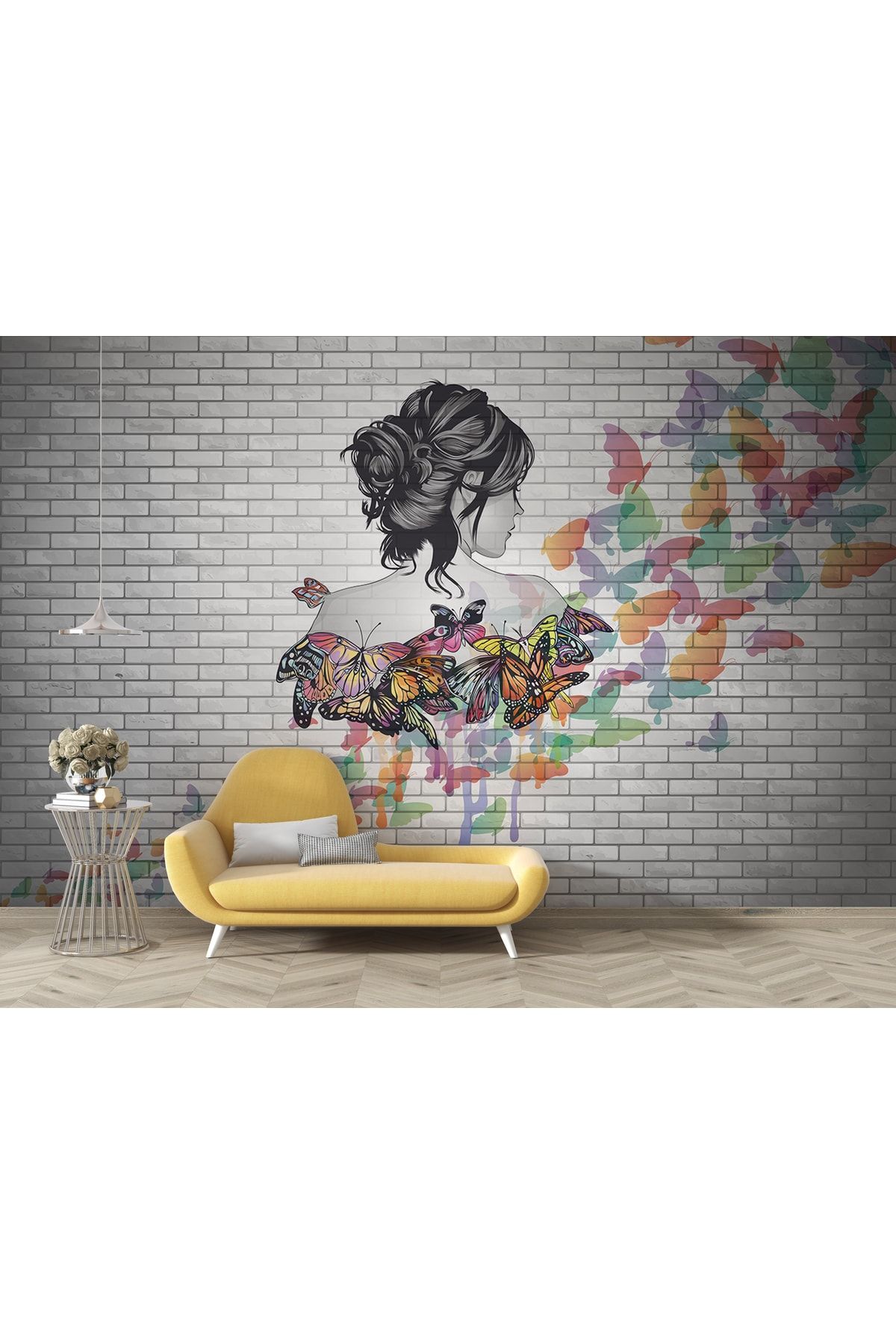 LOTUS AURA Tuğla Duvar Desenli Salon Duvar Kağıdı, Renkli Kelebekli Genç Odası Duvar Posteri