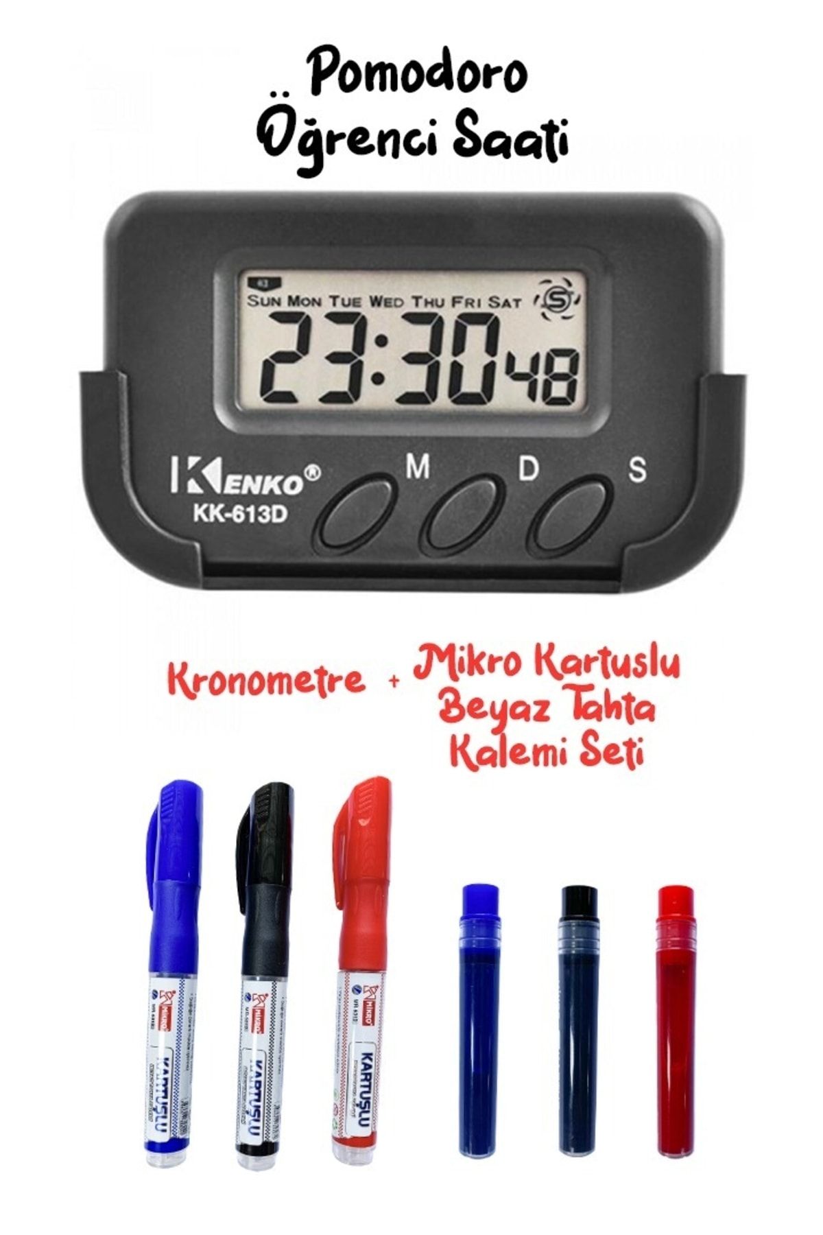 Kenko Pomodoro Öğrenci Saati Kronometreli Ders Çalışma Masa Saati + Mikro 3 Renk Kartuşlu Kalem Seti