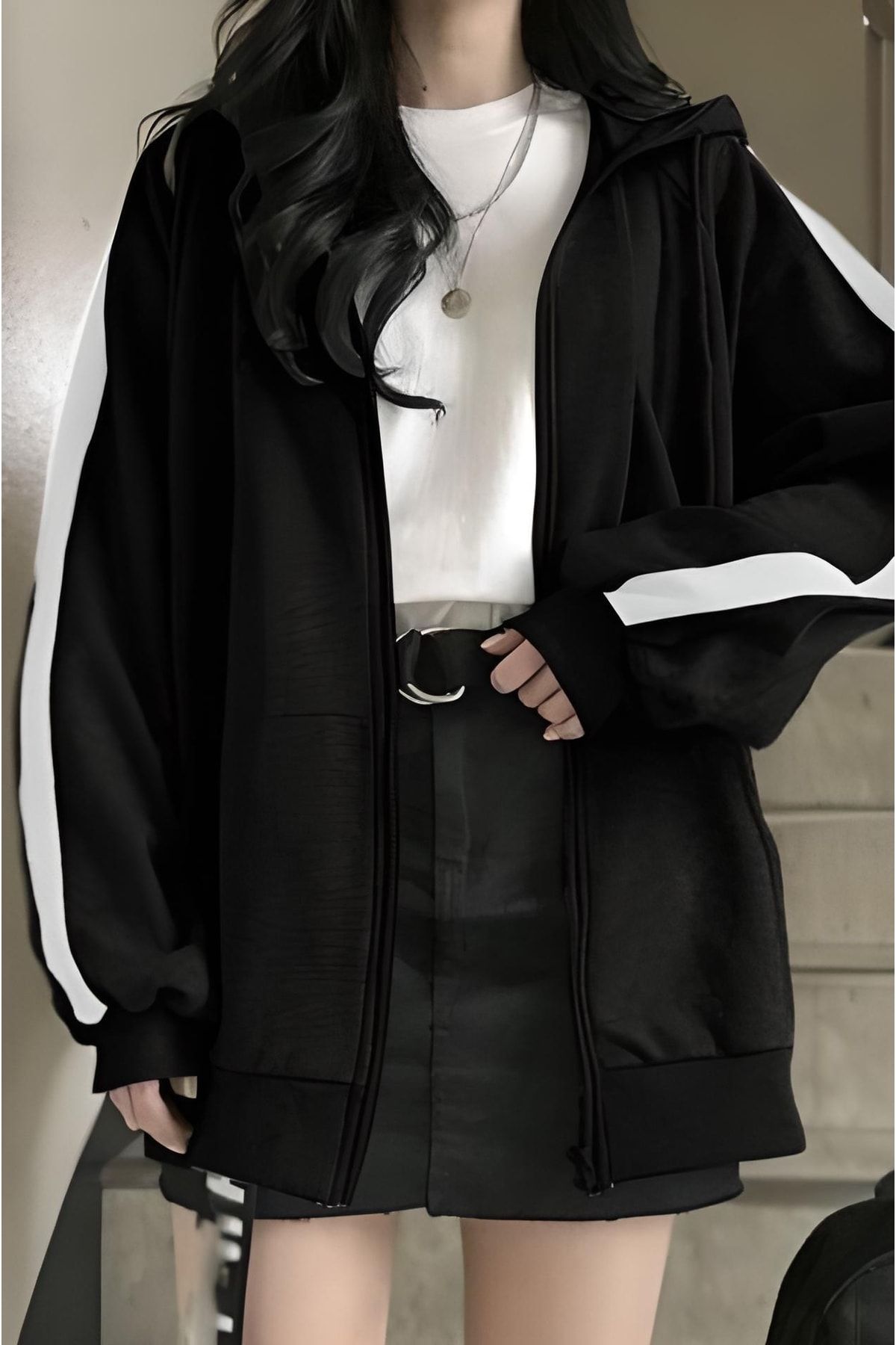 Ef Butik Siyah Harajuku Beyaz Şeritli Şardonlu Unisex Hırka
