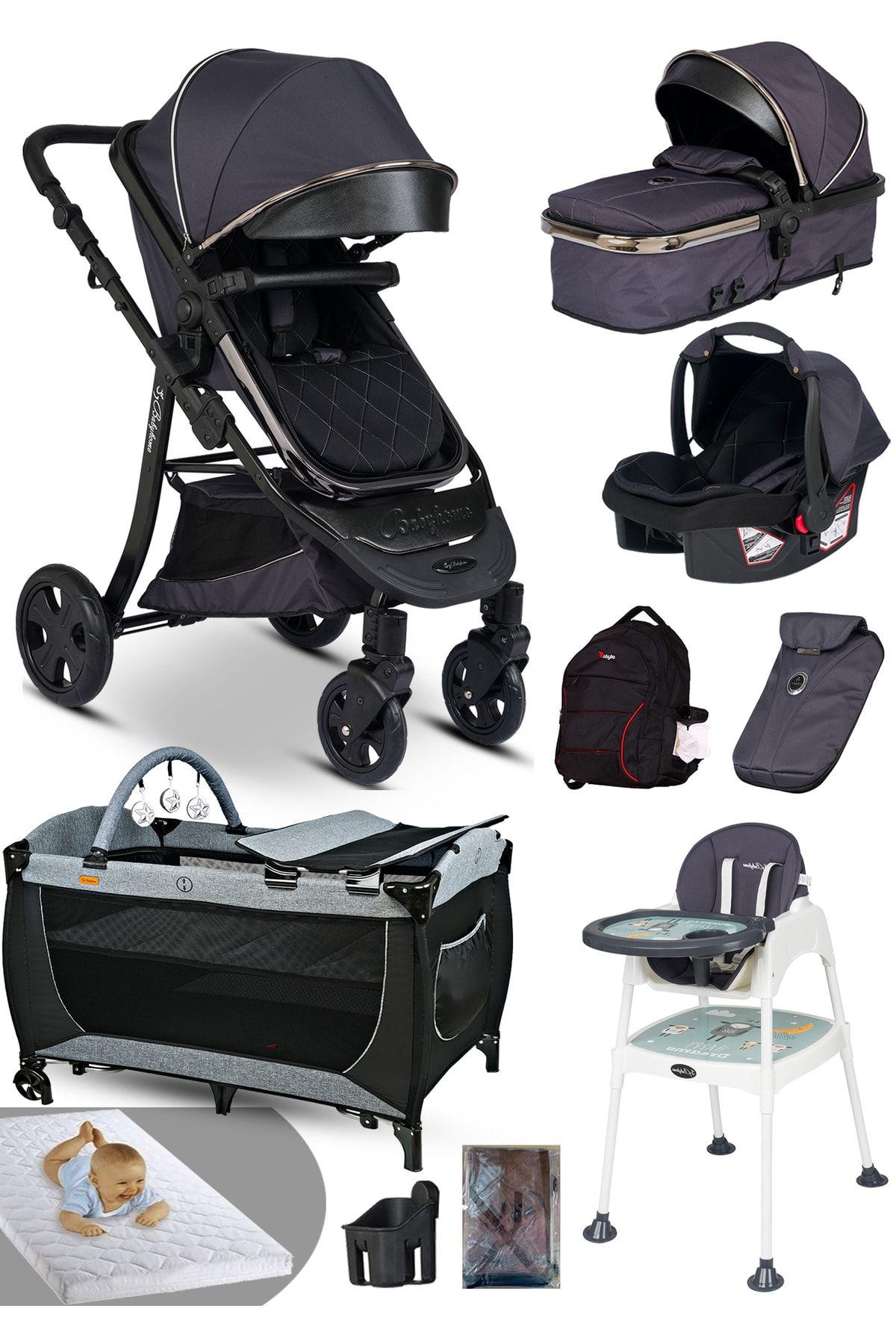 Baby Home Ekonomi Paket 10 In 1 985 Travel Sistem Bebek Arabası Oyun Parkı Yatak Beşik Mama Sandalyesi