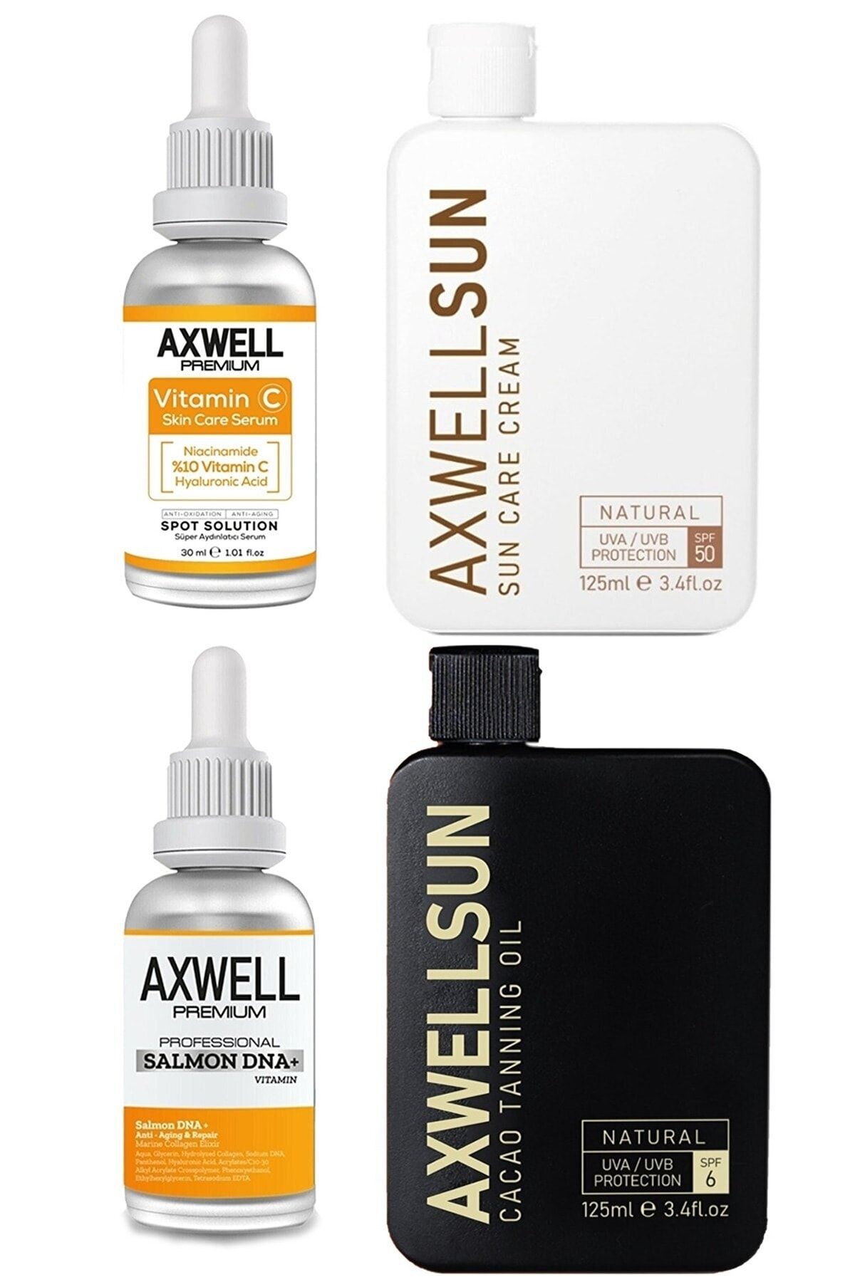 AXWELL 50 Spf+ Güneş Kremi,bronzlaştırıcı, Vitamin C, Somon Dna+ Onarıcı Aydınlatıcı Cilt Bakım Serumu Seti