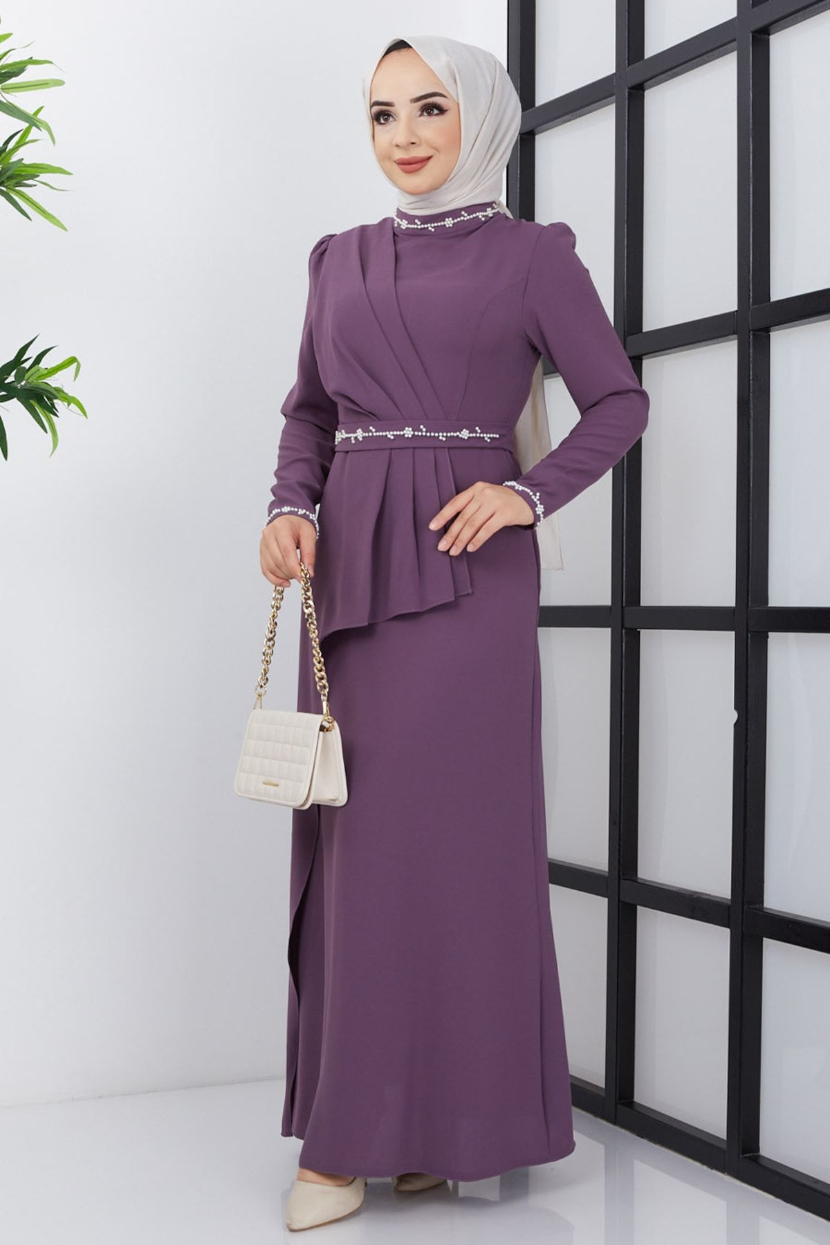 Feiza Collection Işleme Detaylı Tesettür Abiye Elbise - Lila
