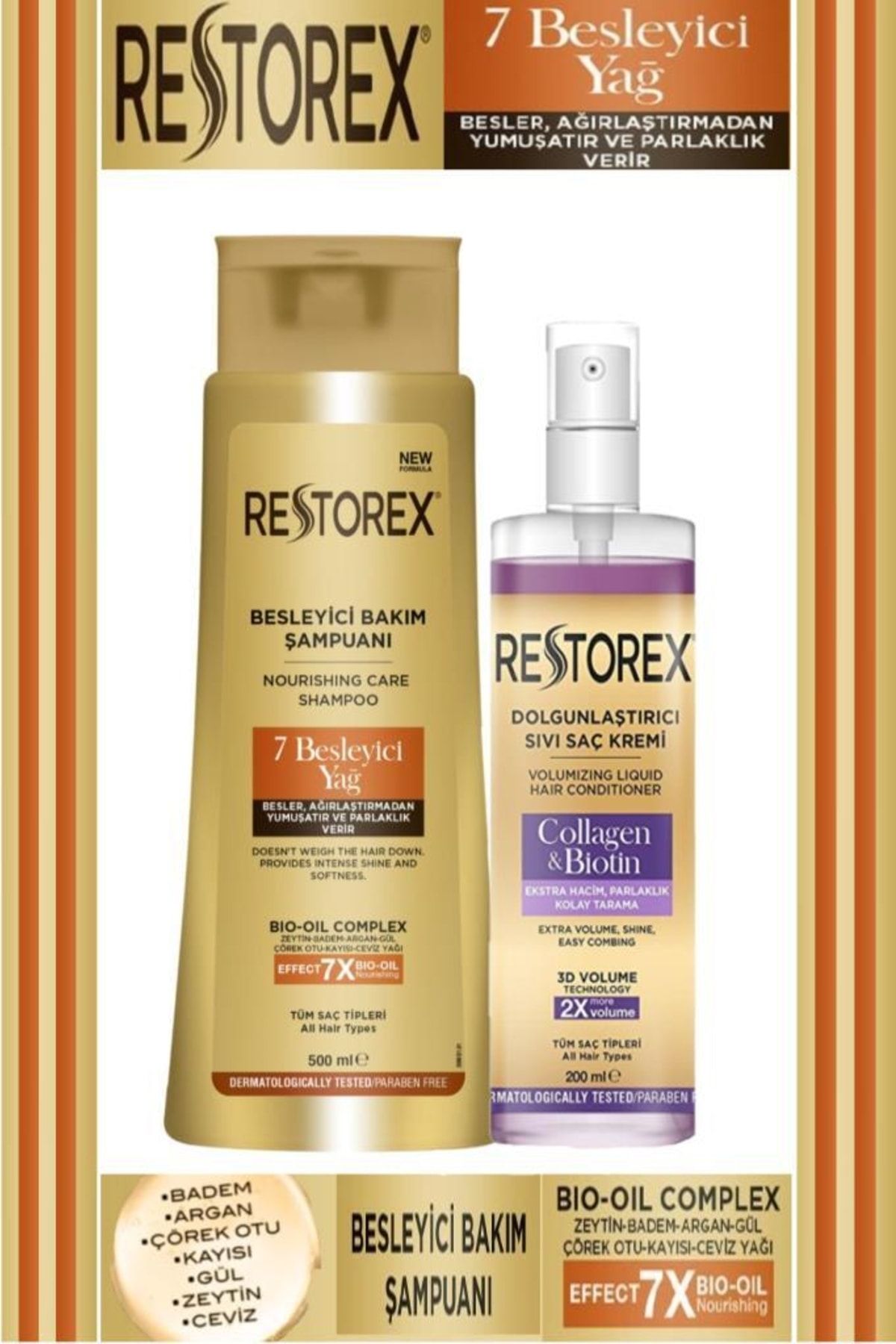 Restorex 7 Besleyici Yağ Şampuan 500 Ml + Dolğunlaştırıcı Sıvı Saç Kremi 200 Ml