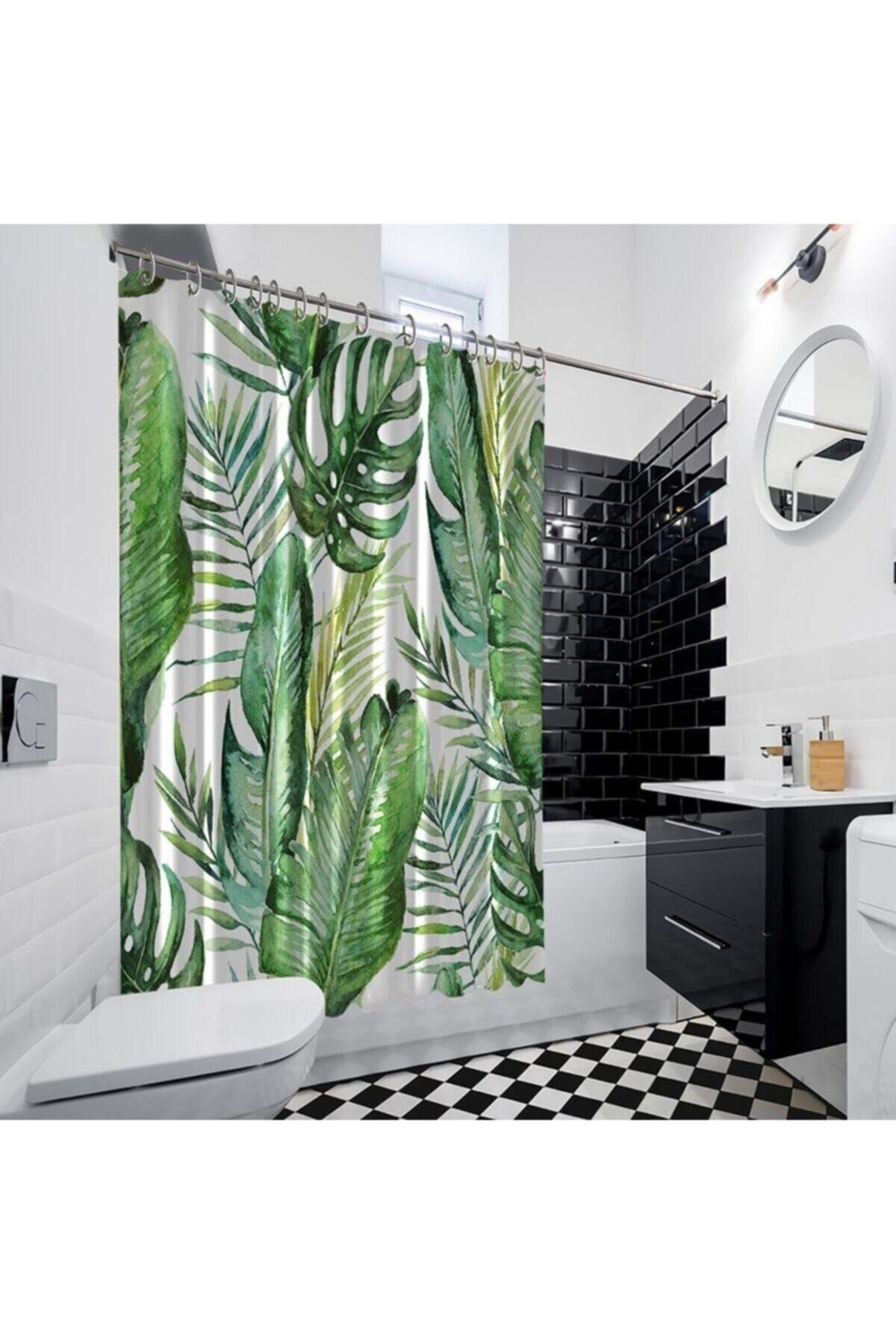 Henge Home Baskılı Duş Perde Yeşil tropikal palmiye ve eğreltiotu yaprakları