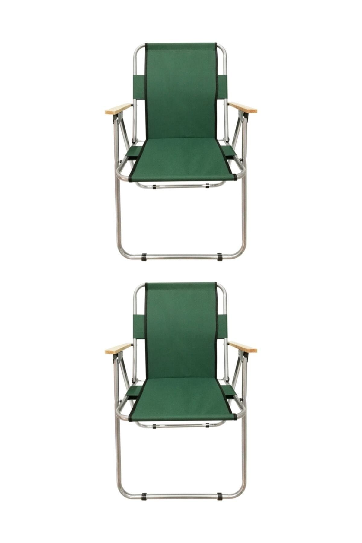 Tedarikcenter Kamp Sandalyesi 2 Adet Ahşap Kollu Katlanabilir Kamp Sandalyesi - Yeşil