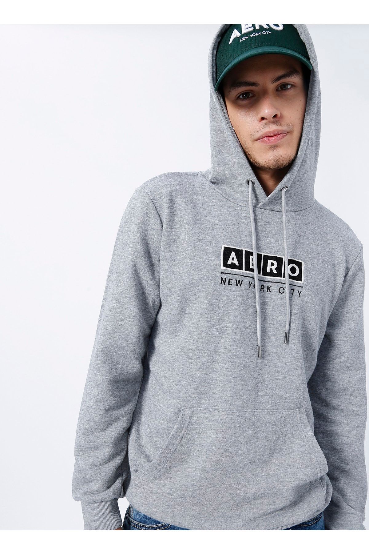 Aeropostale Kapüşon Yaka Baskılı Gri Melanj Erkek Sweatshırt E-1276