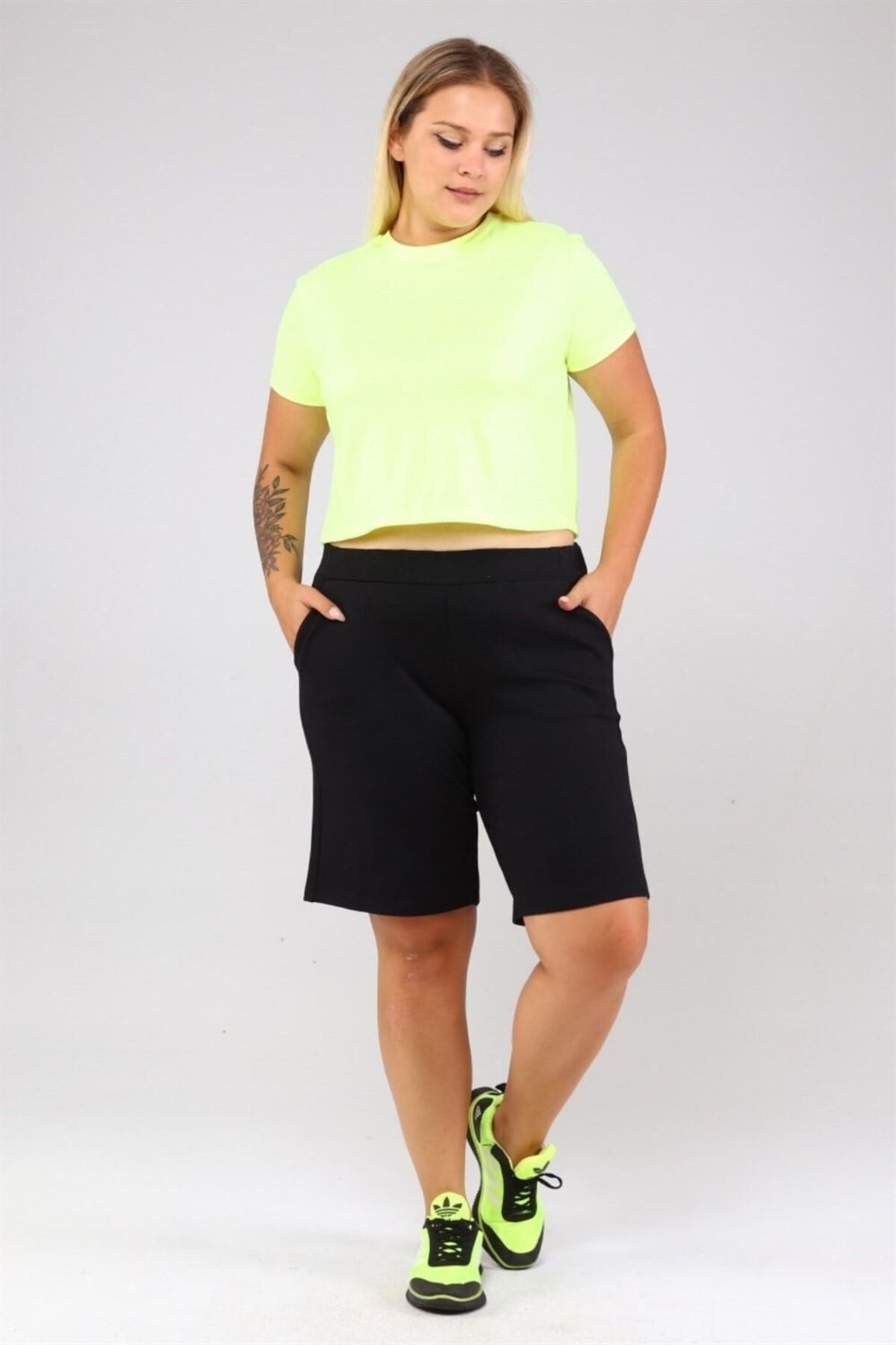 Seamoda Büyük Beden Kadın Rahat %100 Pamuk Trend Basic Crop Tshirt Spor -neon Sarı