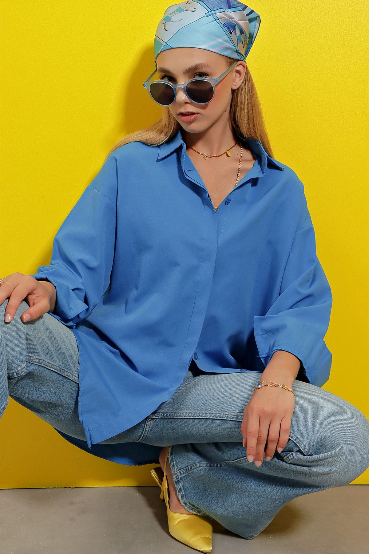 Trend Alaçatı Stili Kadın Çelik Mavisi Oversize Uzun Dokuma Gömlek ALC-X6828