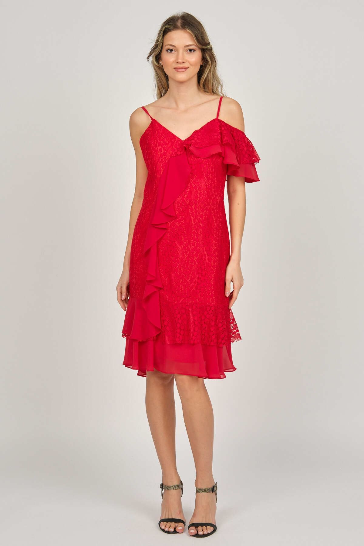 Pierre Cardin Kadın Ip Askılı Fırfır Detaylı Abiye Elbise 5816858 Kırmızı