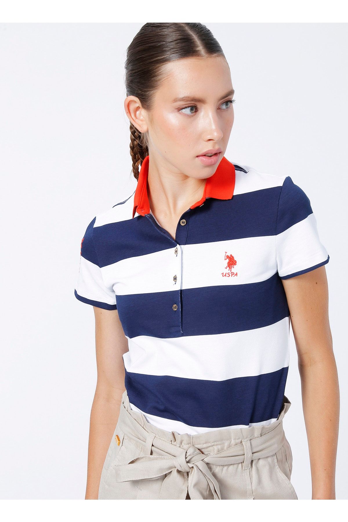 U.S. Polo Assn. Polo Yaka Çizgili Lacivert Kadın T-shirt Folıve