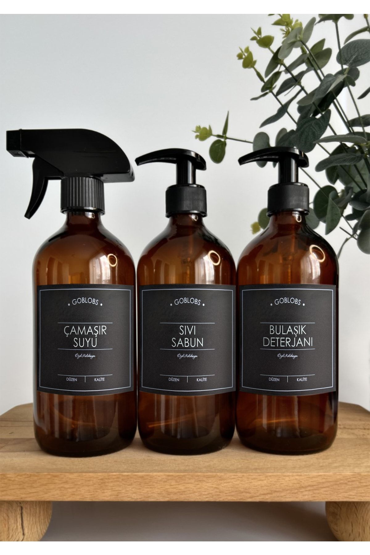 GO BLOBS 3'lü Set 500ml Amber Şişe Sprey Çamaşır Suyu & Sıvı Sabun & Bulaşık Deterjanı Siyah