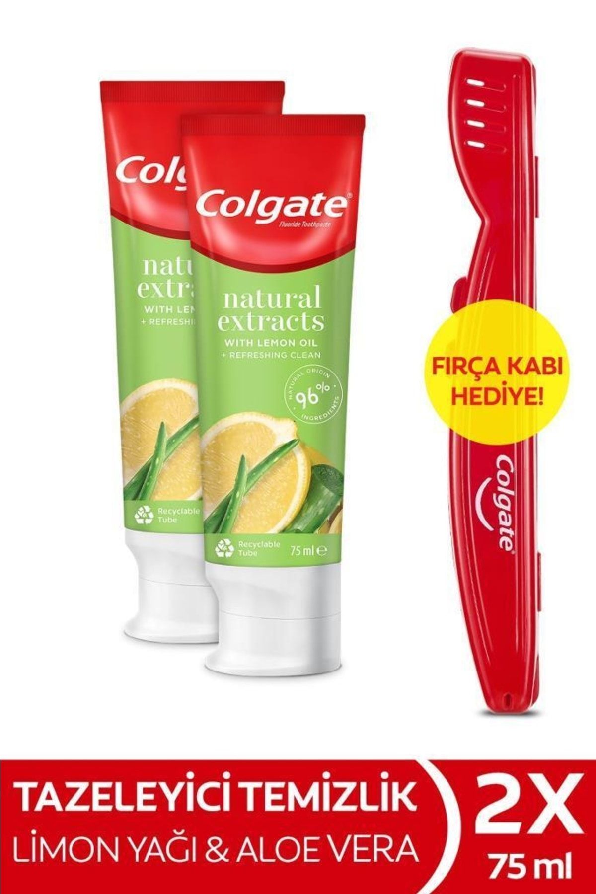 Colgate Natural Extracts Limon Yağı Ve Aloe Vera Diş Macunu 75 ml X 2 Adet Fırça Kabı Hediye