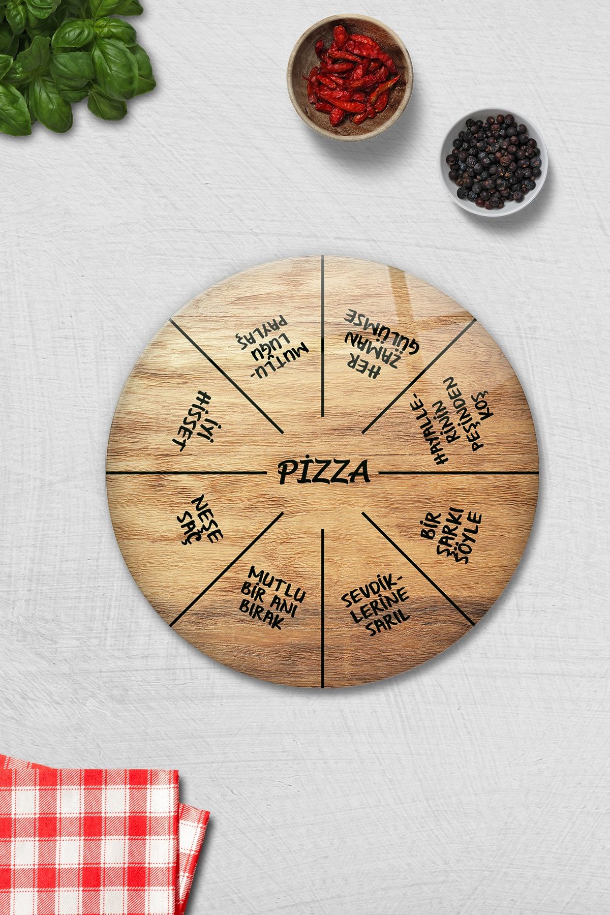 Decorita Pizza Servis Tabağı | Ahşap Görünümlü | Mottolu Pizza Tabağı | Çap 32cm